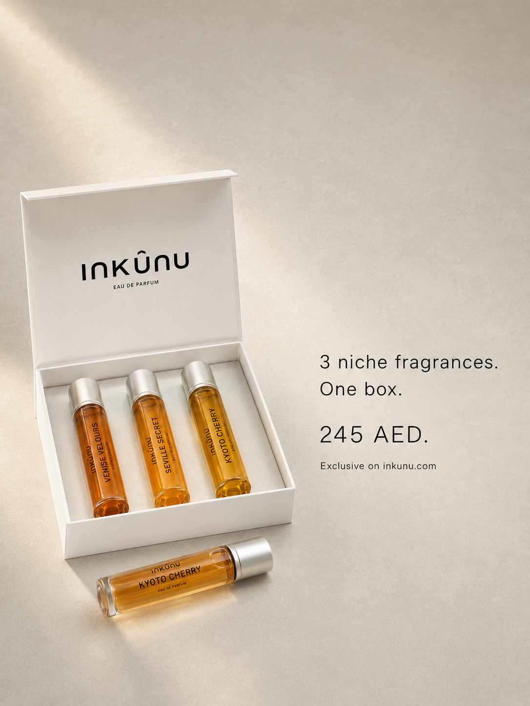 Inkunu Facebook ad: 3 niche fragrances. 245 AED.