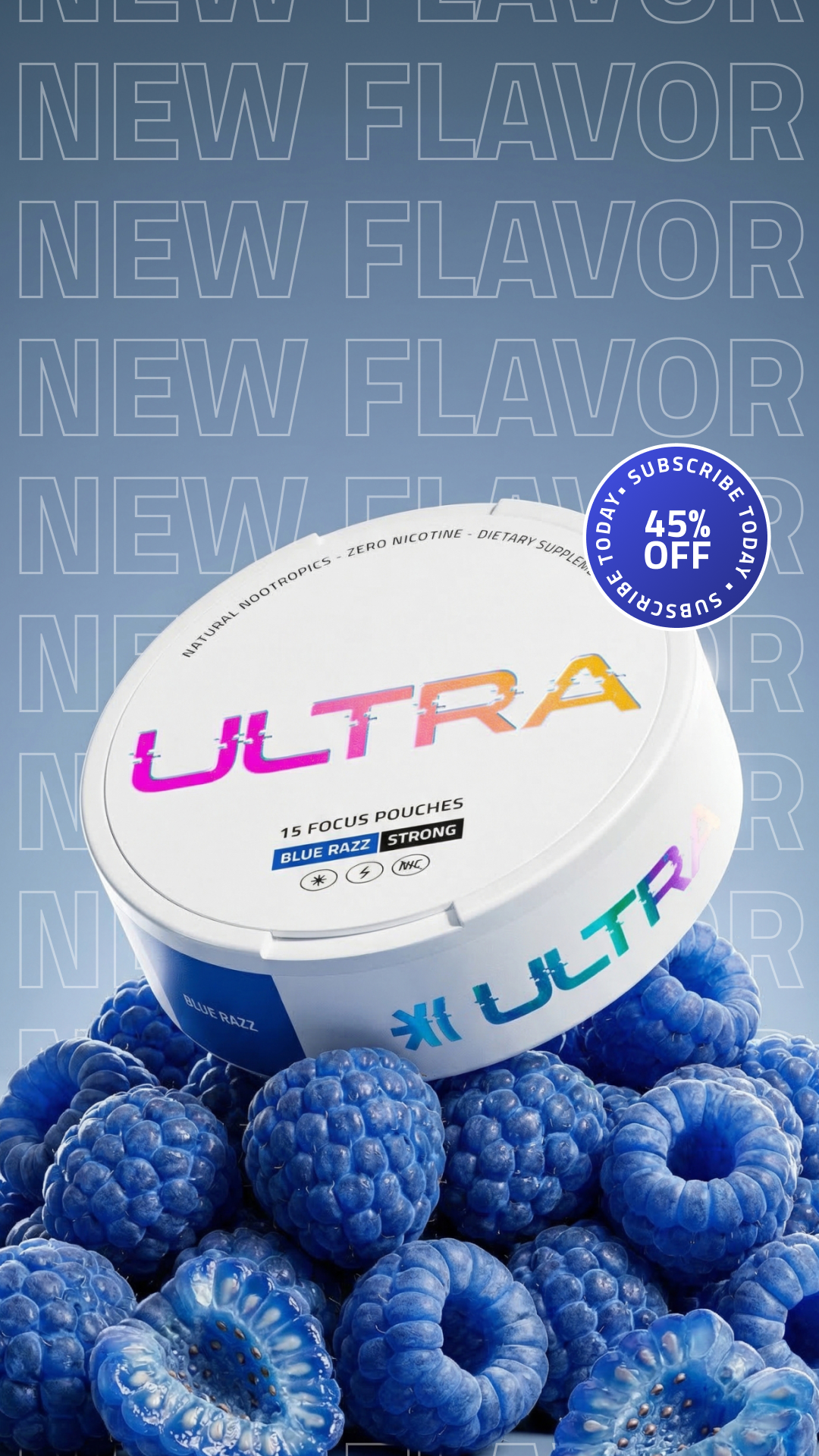 Ultra Pouches Facebook ad: Try the NEW Blue Razz flavor
