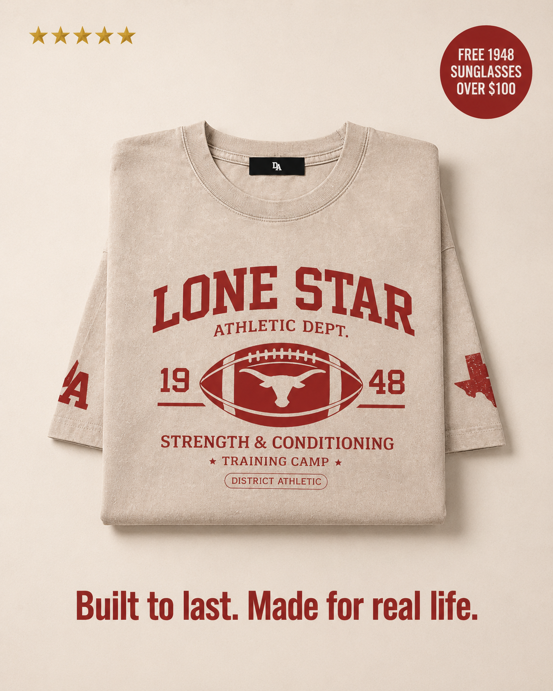 District Athletic Apparel Facebook ad: Built to last. Made for real life.