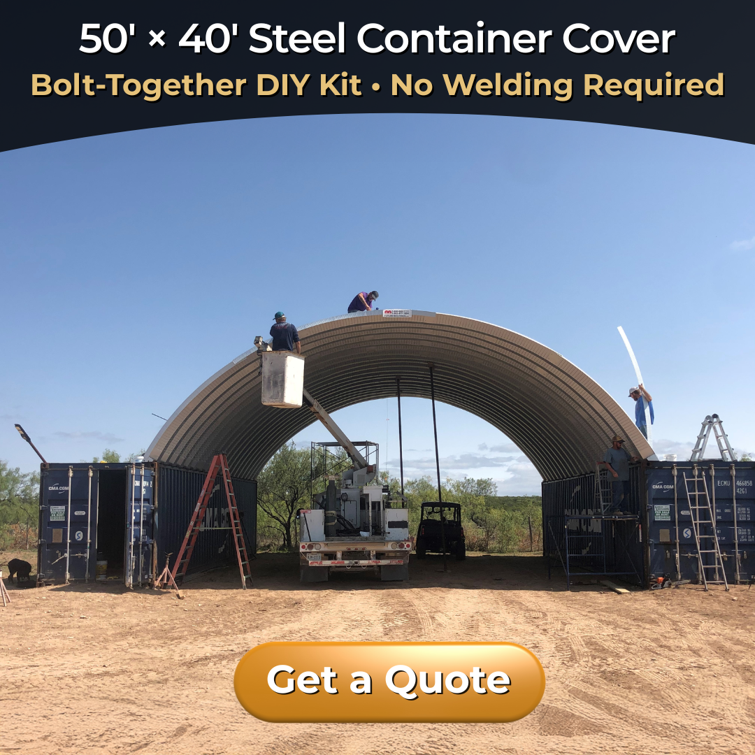 Future Buildings Facebook ad: Built Tough. Engineered Steel. DIY Container Covers.
