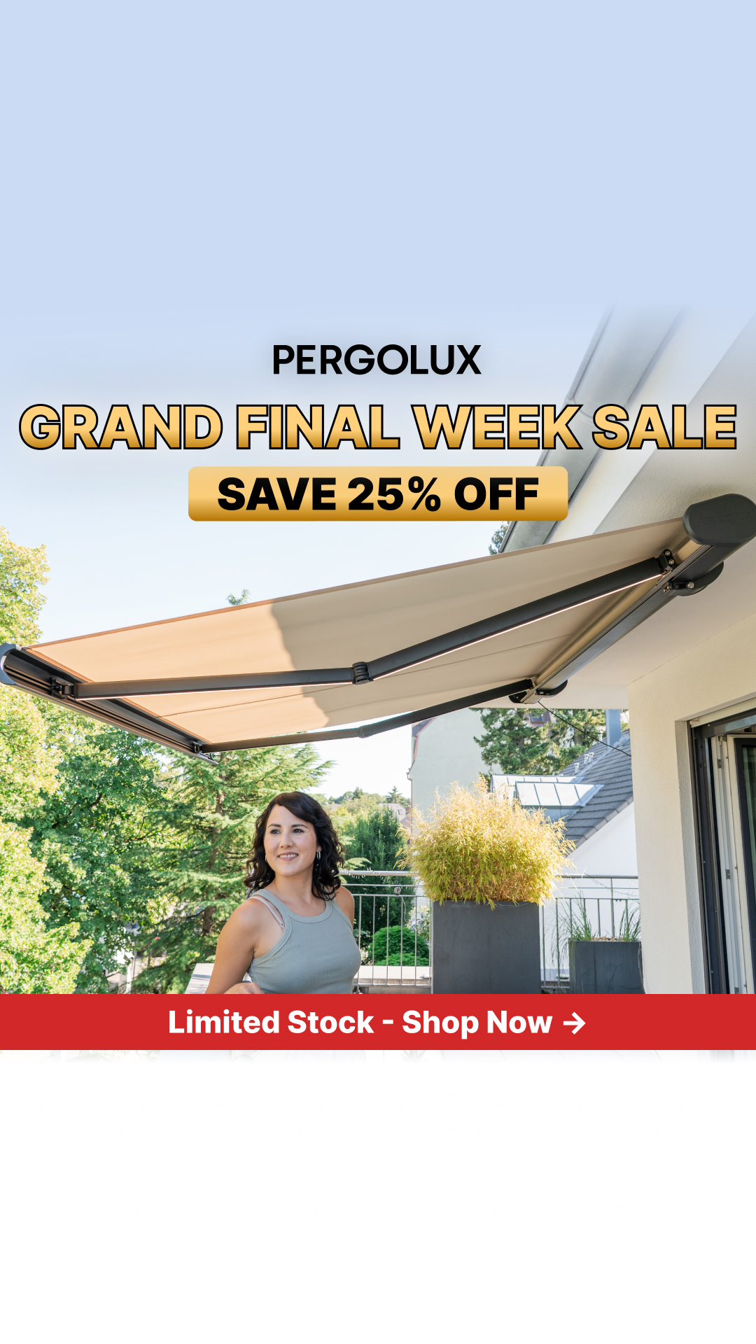 pergolux.au Facebook ad: Stock Moving Fast, Shop Now