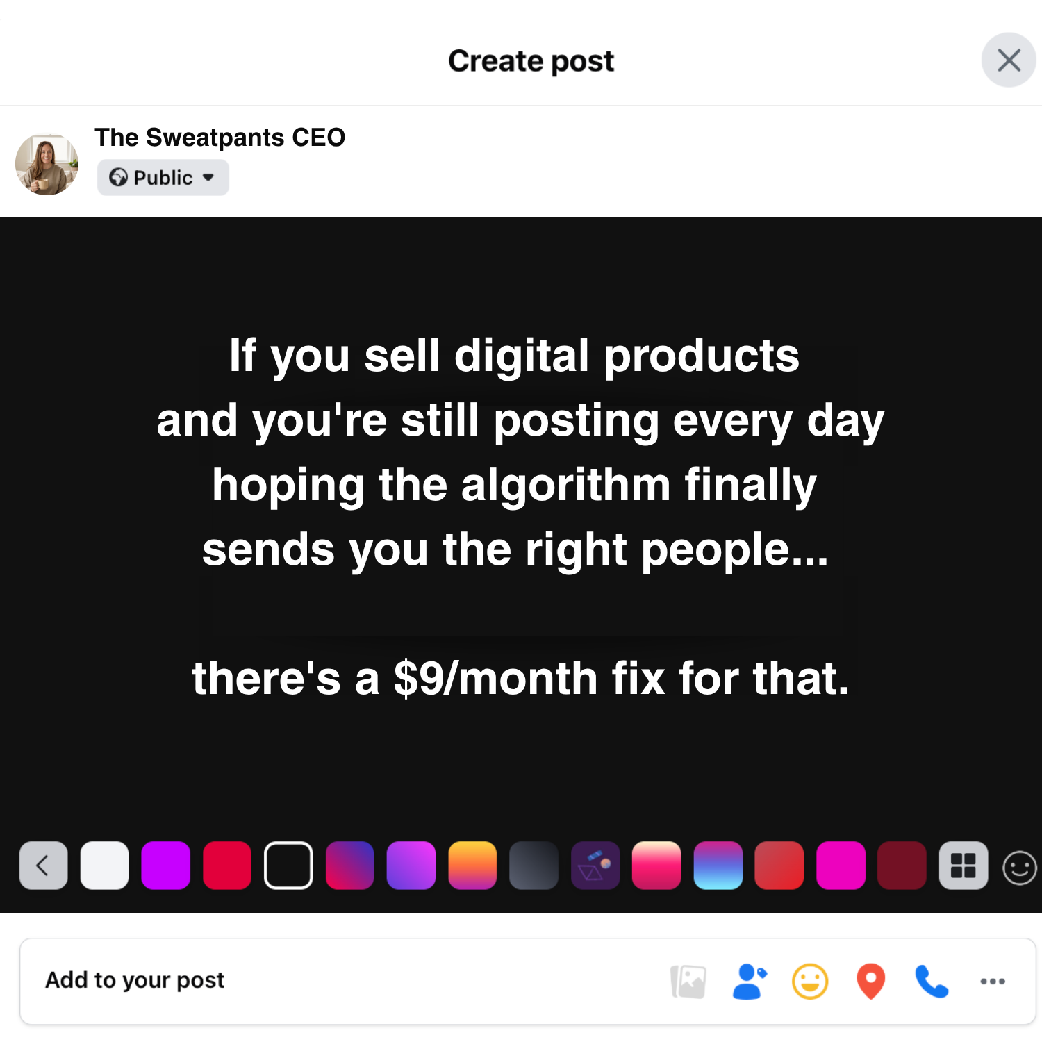 The Sweatpants CEO Facebook ad: Run ads that sell 24/7 - $9/month