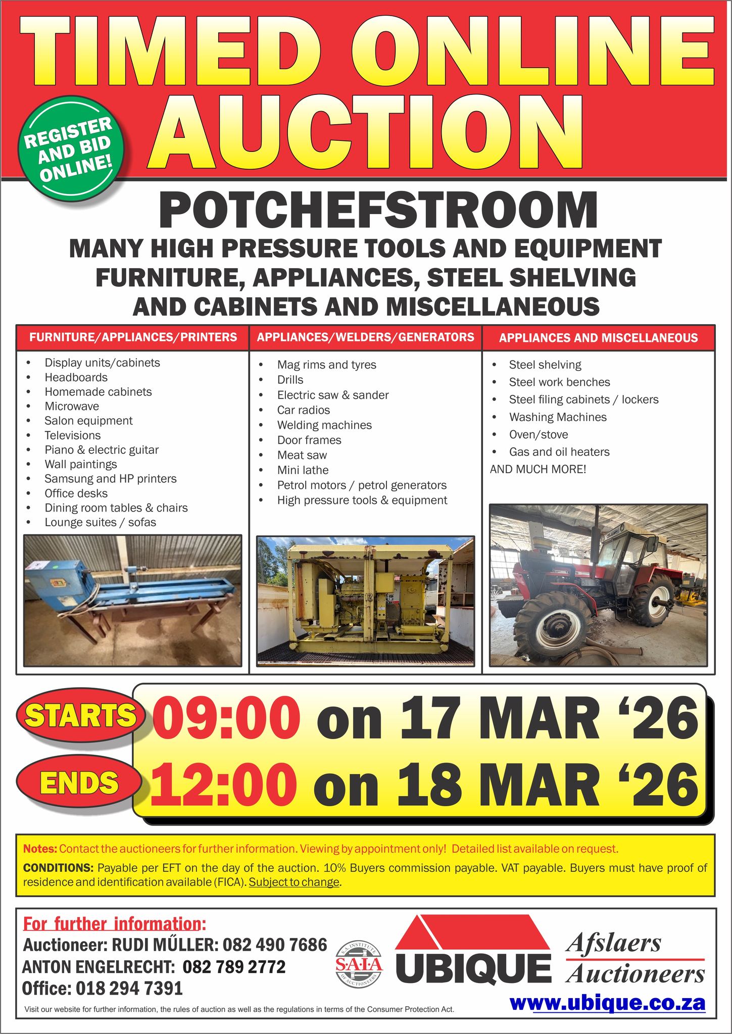 Ubique Auctioneers Facebook ad: TIMED ONLINE AUCTION - POTCHEFSTROOM