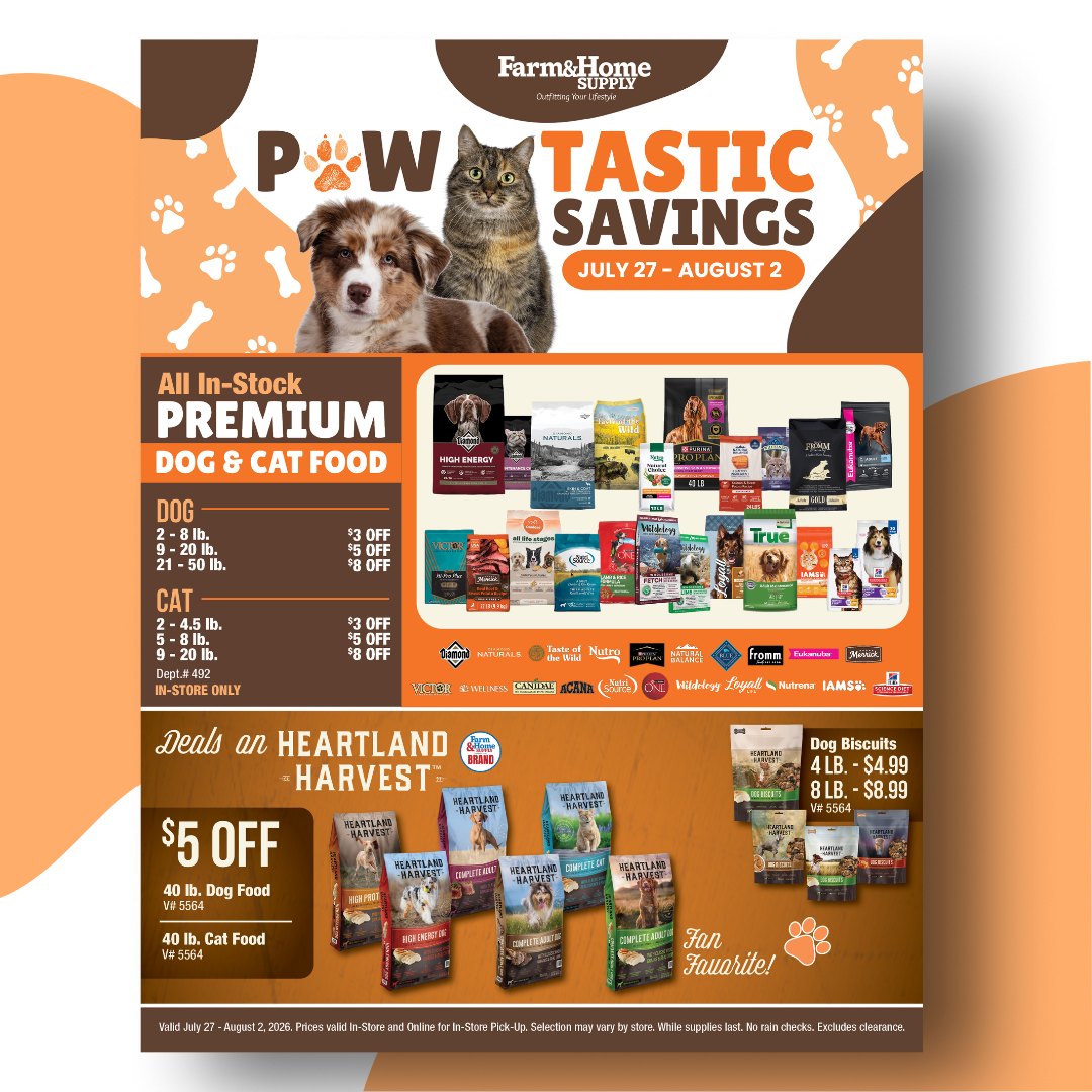 Farm and Home Supply Facebook ad: WOOF! These are some Paw-tastic Savings!