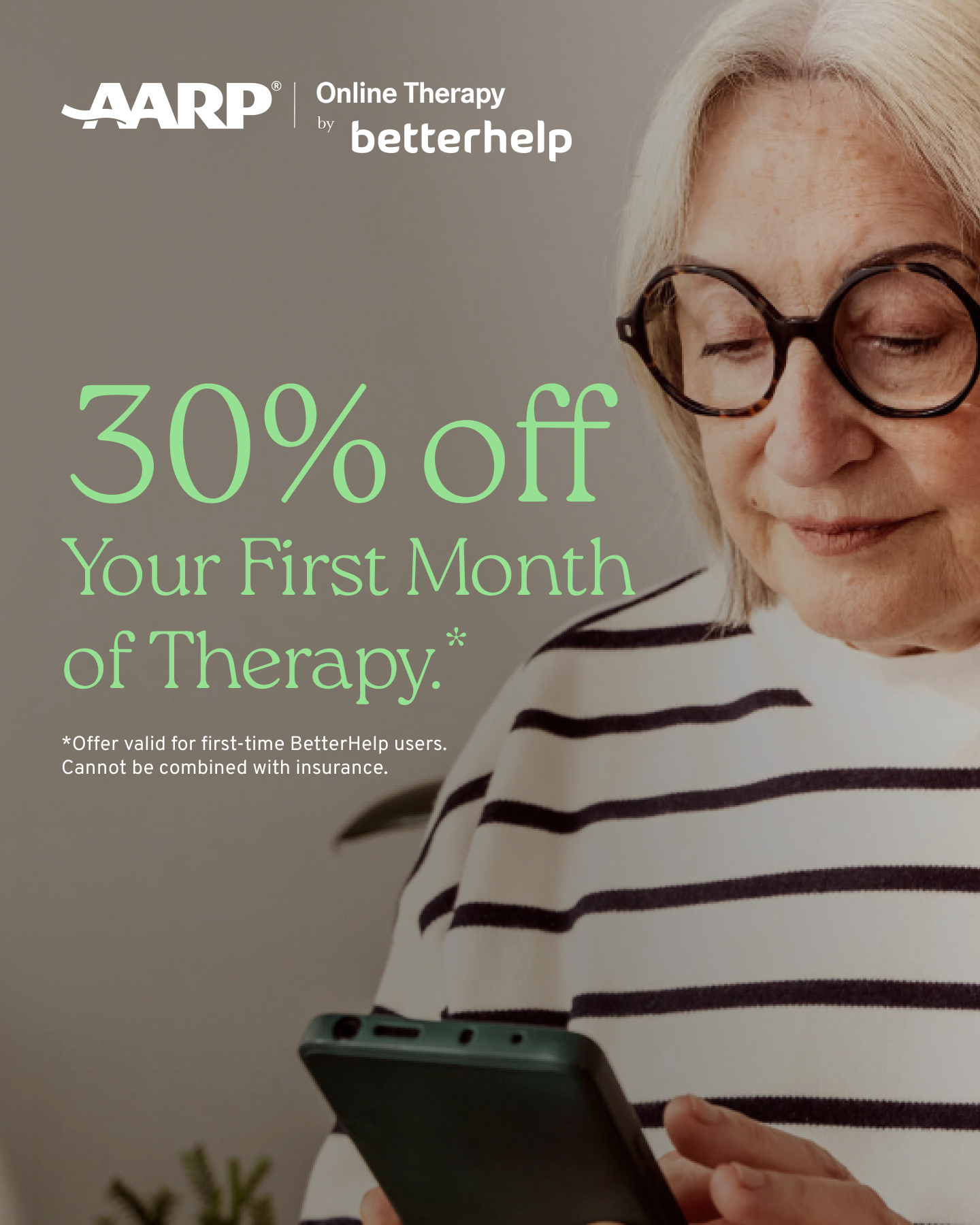 AARP Media Ad Network Facebook ad: 30% Off Your First Month of Therapy.
