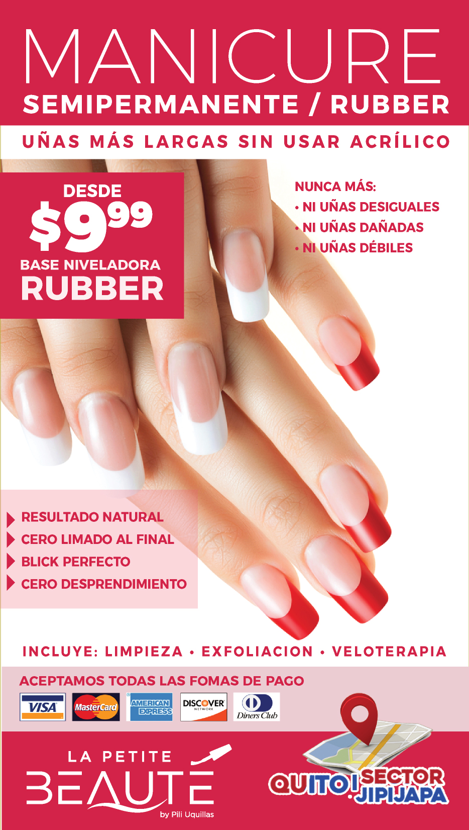 La Petite Beauté · Hair · Make up · Nails. Facebook ad: Uñas listas pa’ la selfie $9.99