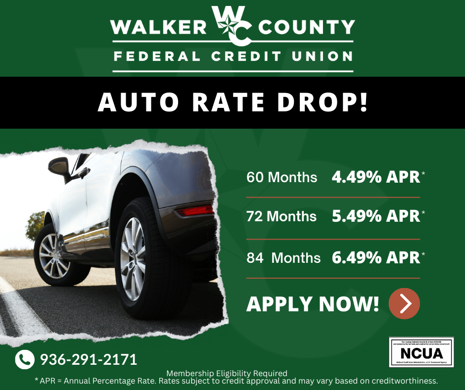 Walker County Federal Credit Union Facebook ad: Auto Loan Rate Drop!