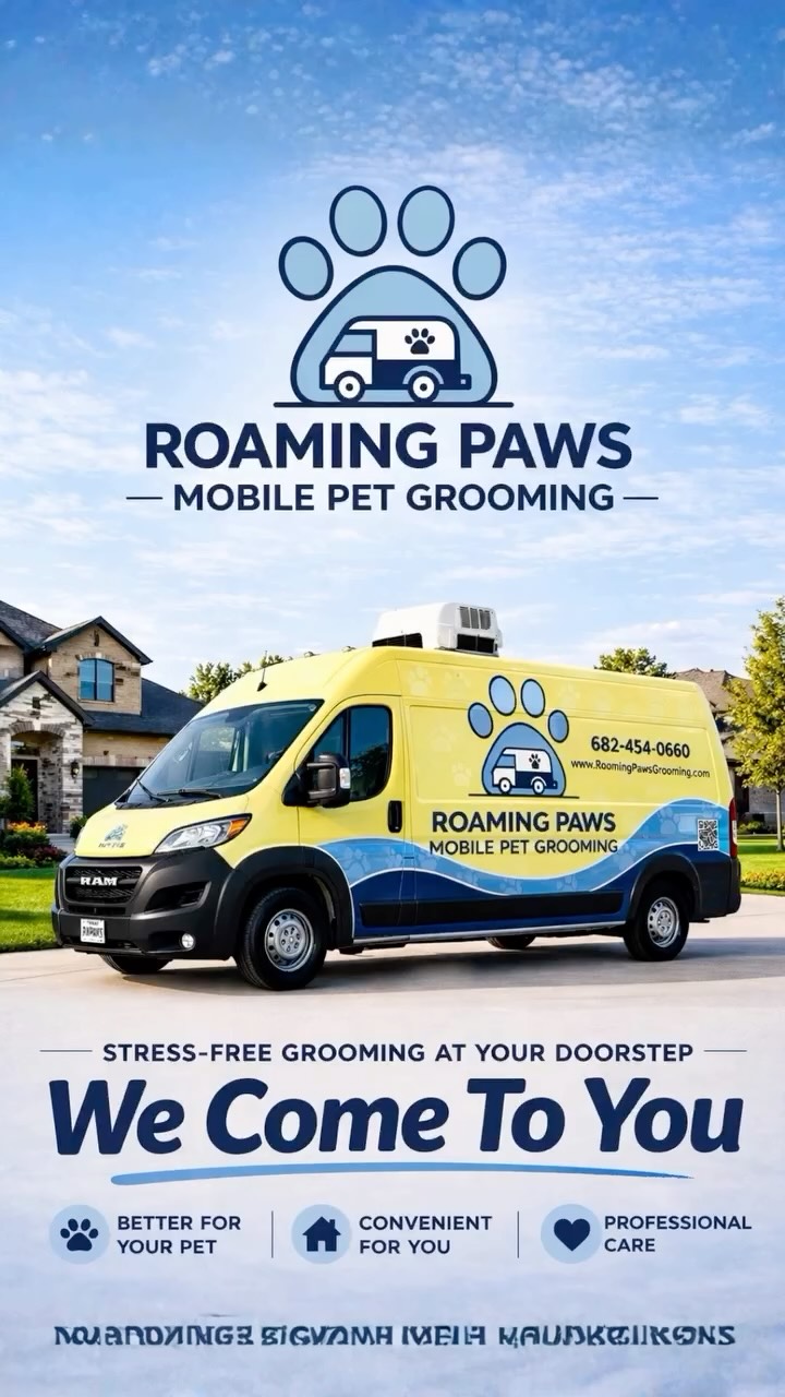 Roaming Paws Mobile Pet Grooming Facebook ad: We pamper your pup right outside your home.