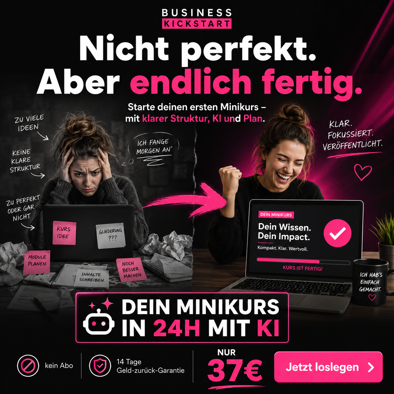 Businesskickstart mit Natascha Facebook ad: Dein Minikurs in 24h, mit KI statt Grübelei