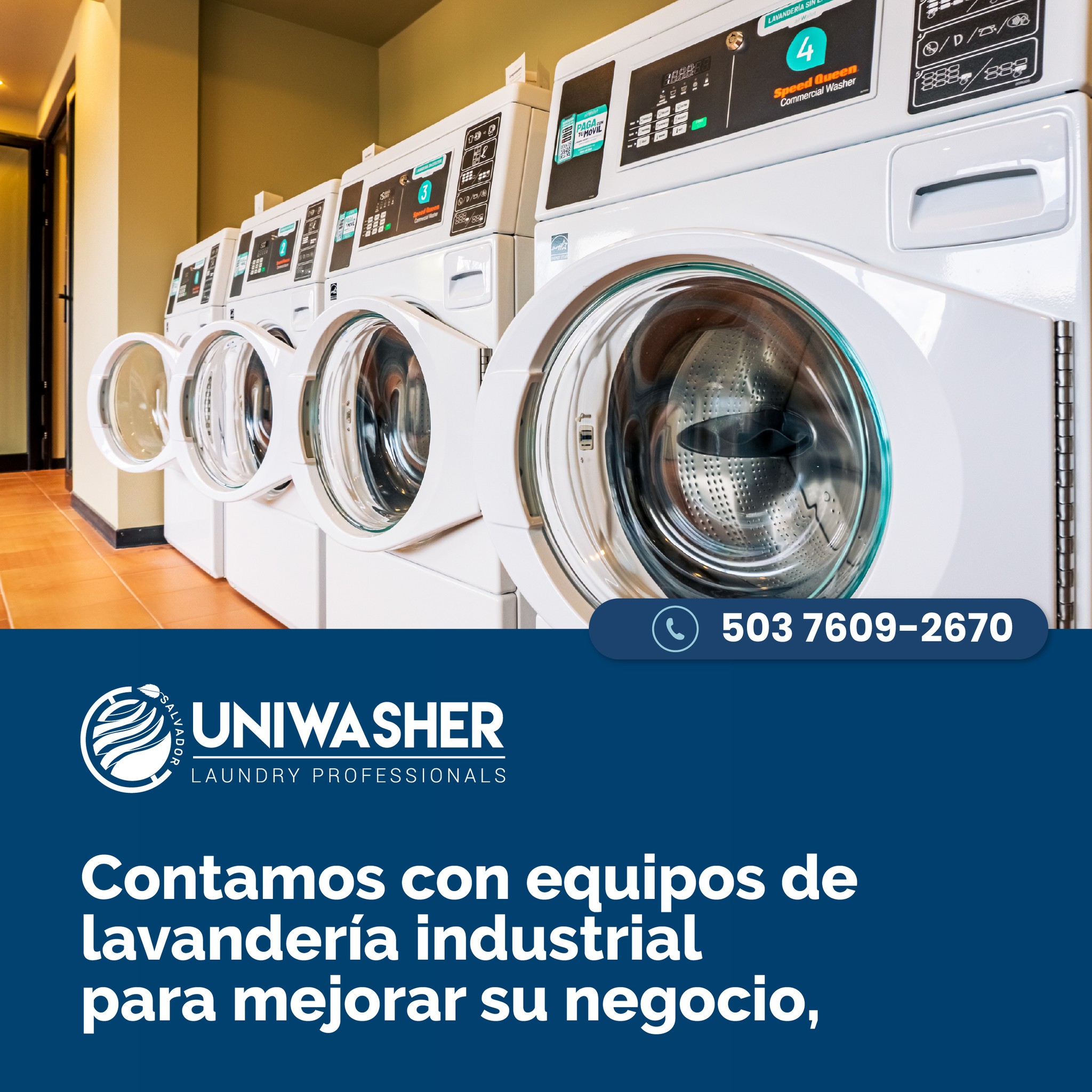 Uniwasher El Salvador Facebook ad: Los equipos industriales de lavandería le ofrecen mayor…