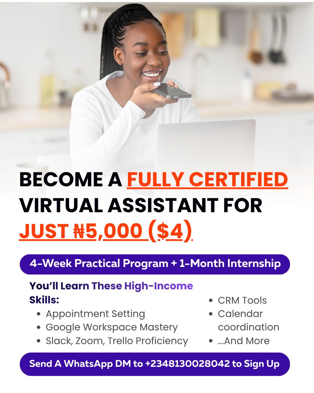 Skill2scale.school Facebook ad: Become a Fully Certified Virtual Assistant in 4…