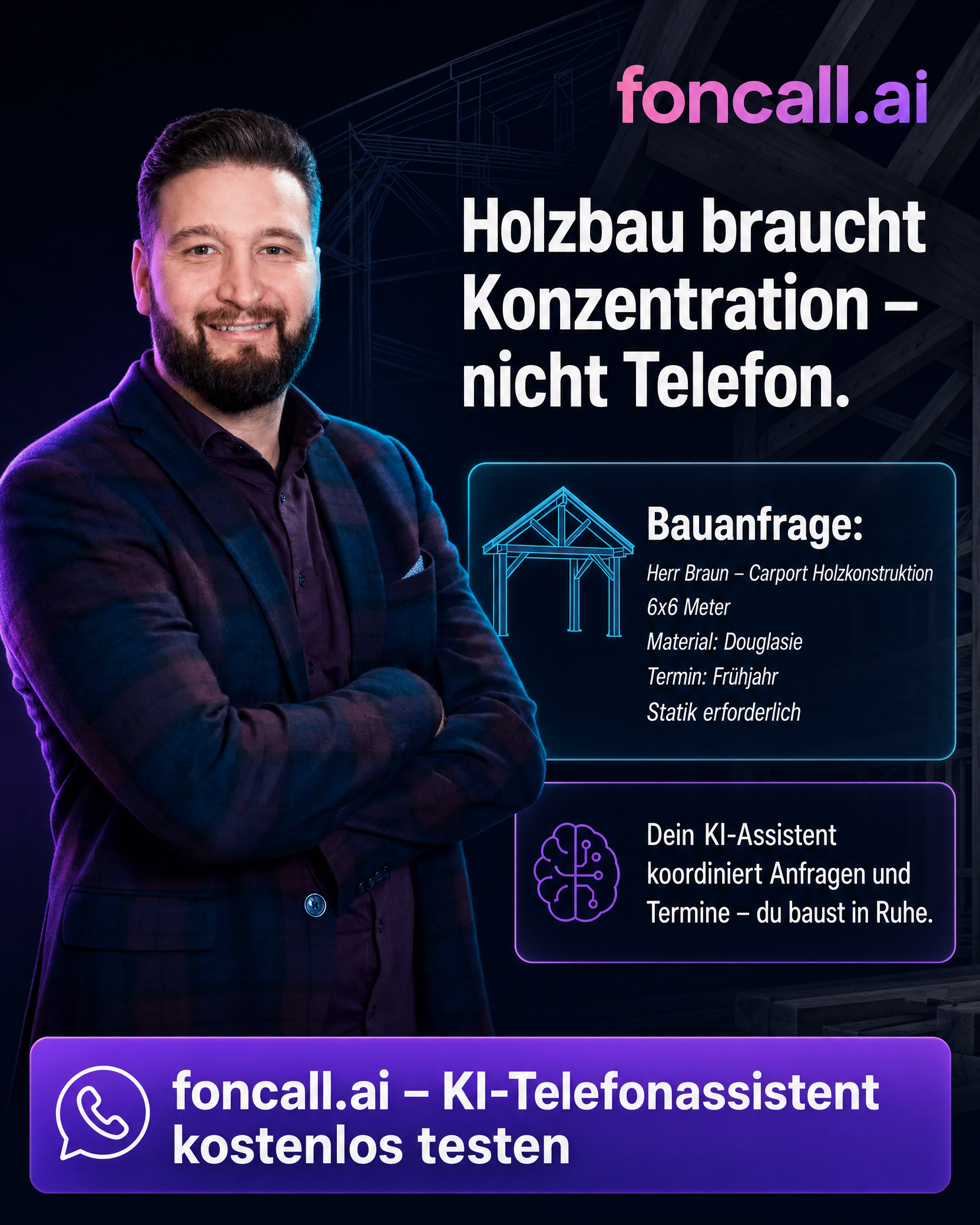 Foncall.ai Telefonassistent für Handwerk & Büro Facebook ad: Du baust. Die KI telefoniert.