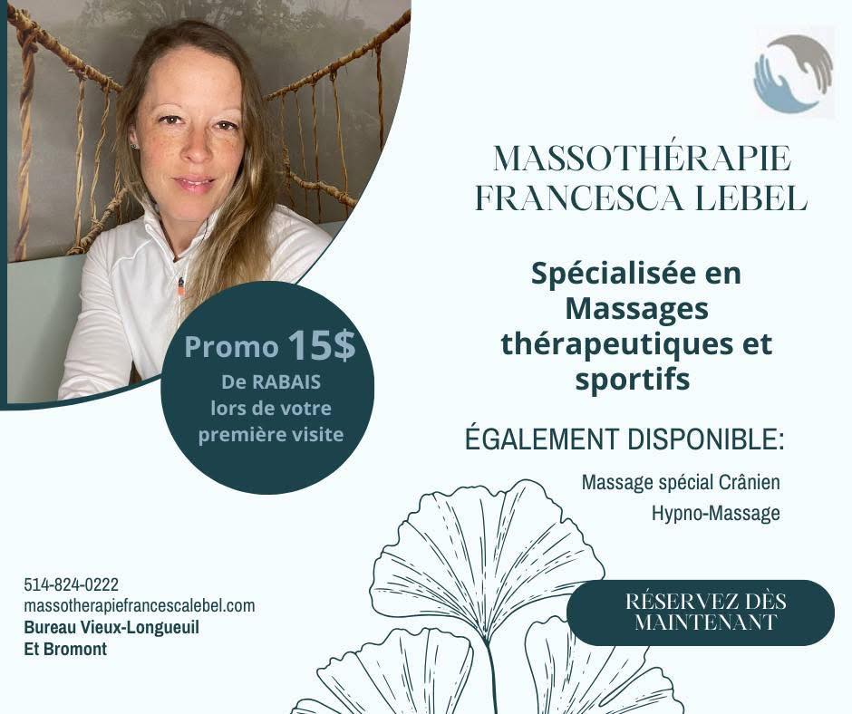 Massothérapie Francesca Lebel Bromont Facebook ad