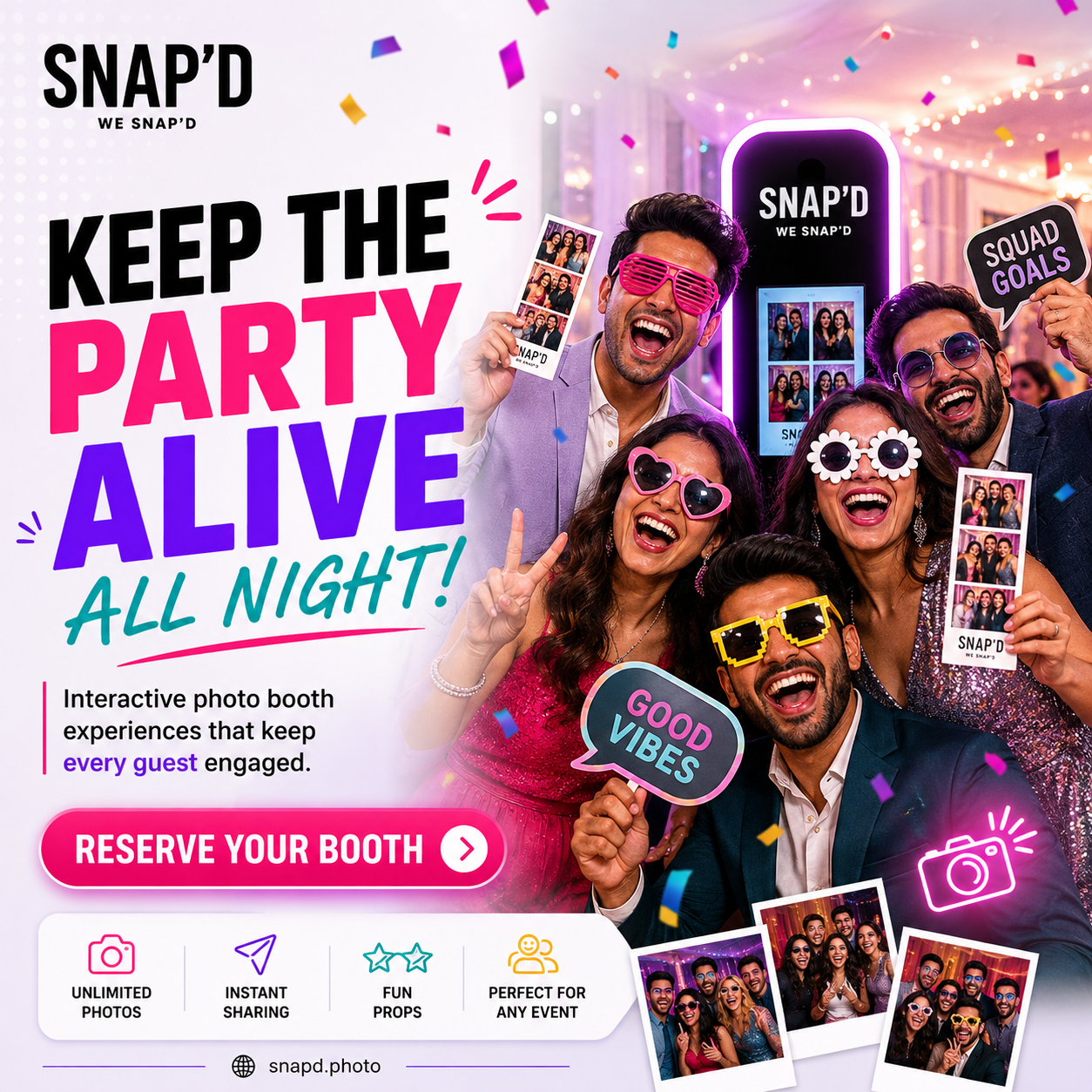Snap’d - Photo-Booth Rental Facebook ad: Book This Week, Save 20%