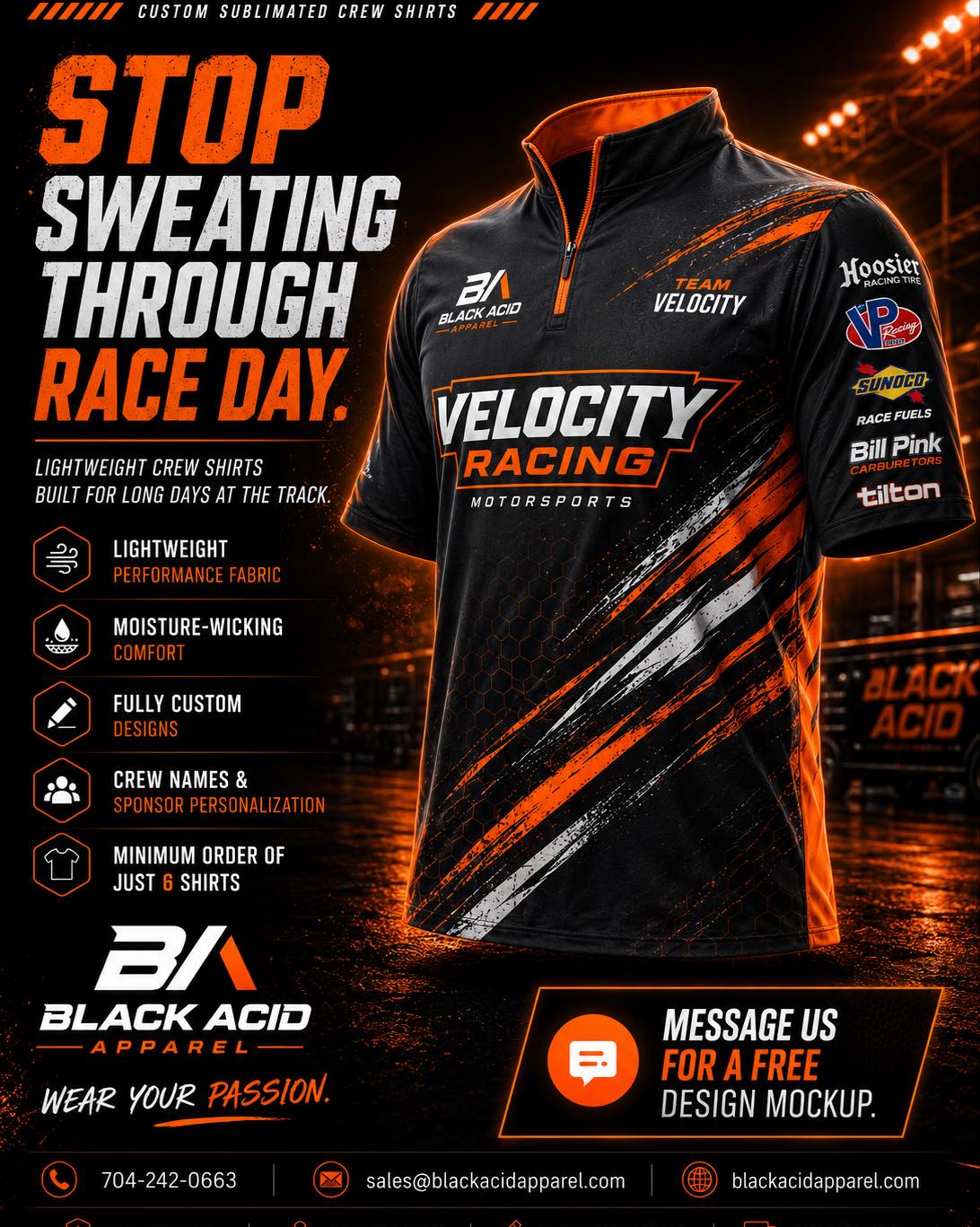 BlackAcid Custom Racing Apparel Facebook ad: The race car isn’t the only thing people…