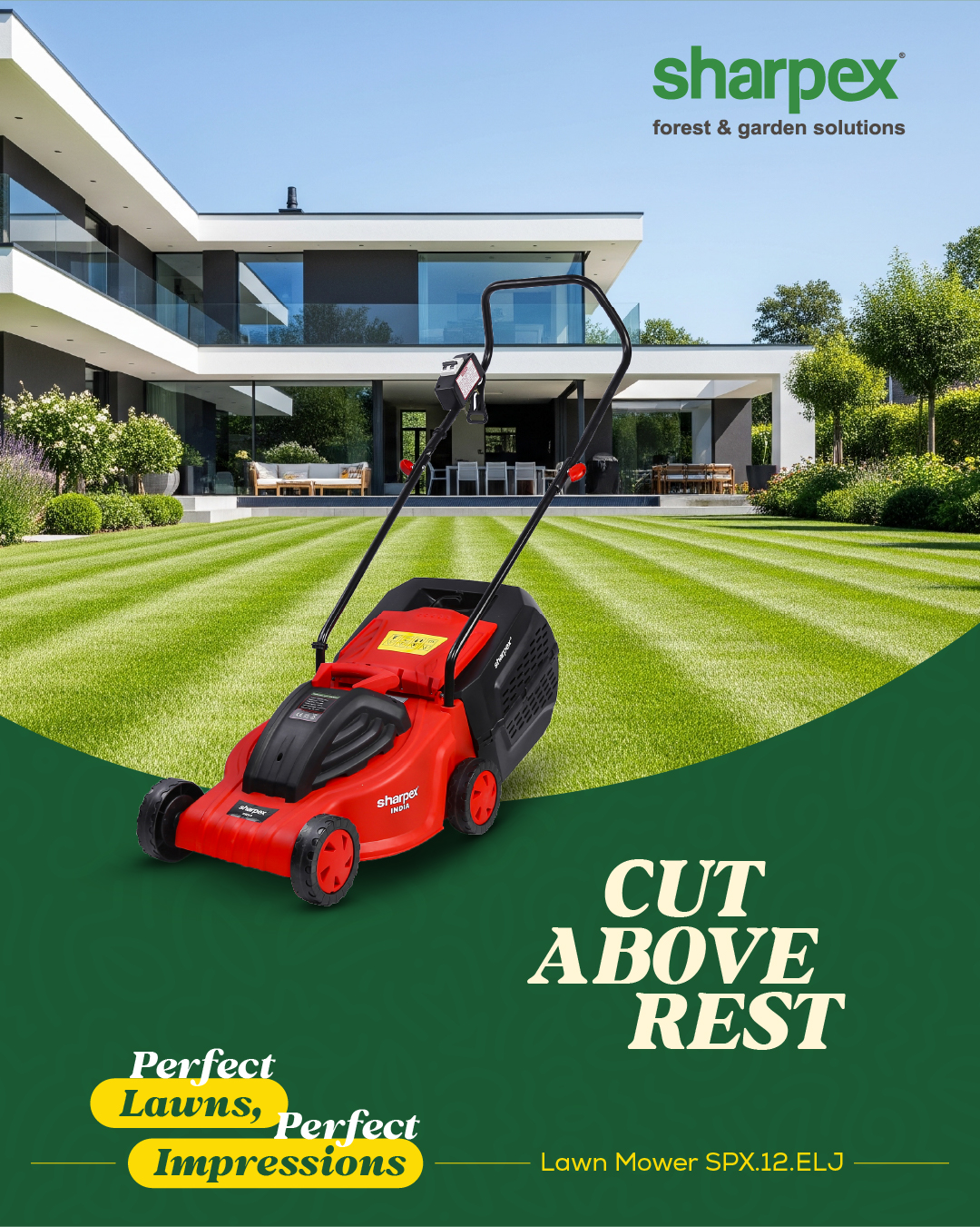 Sharpex Gardening Community Facebook ad: Sharpex Electric Lawn Mower 1200W, 12 Blade, 3-Level…