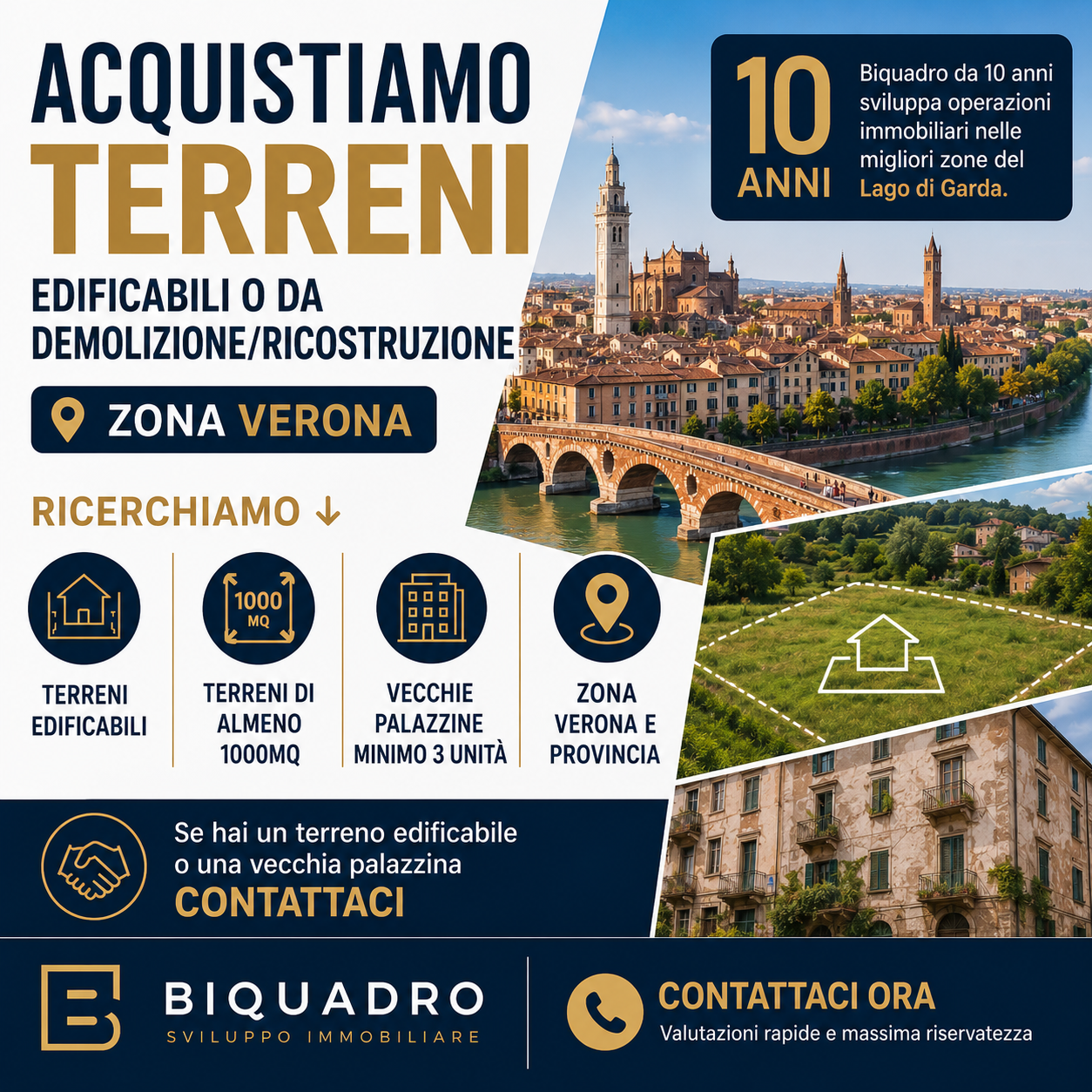BiQuadro General Contractor Facebook ad: ACQUISTIAMO TERRENI E VECCHIE PALAZZINE