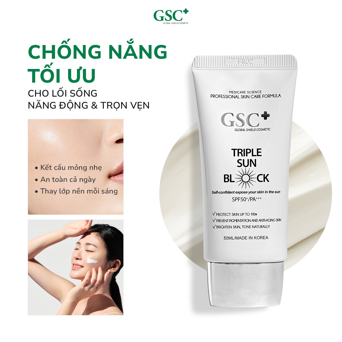 GSC Cosmetic - Dược mỹ phẩm Hàn Quốc Facebook ad: 1 lần thoa - bảo vệ trọn ngày năng động!