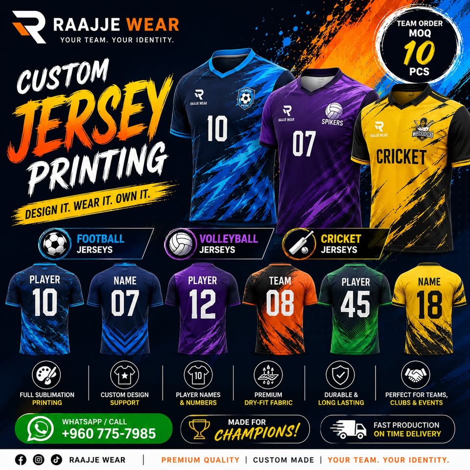 Raajje Wear.mv Facebook ad: CUSTOM JERSEY PRINTING