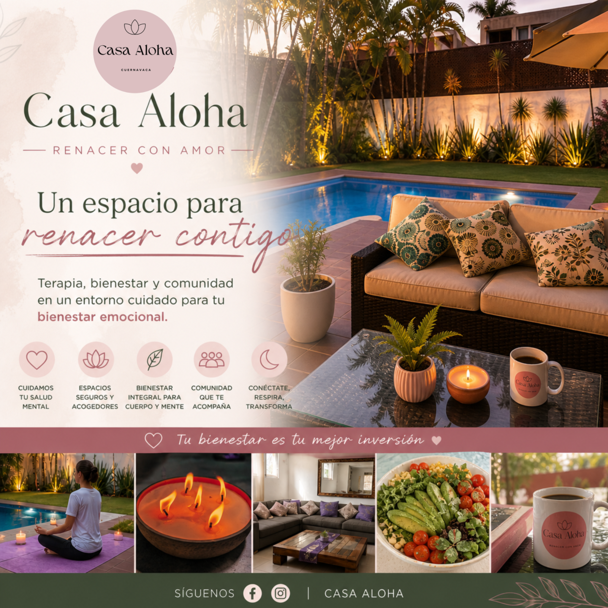 Casa Aloha Facebook ad: Bienestar emocional, terapia y comunidad en Cuernavaca.