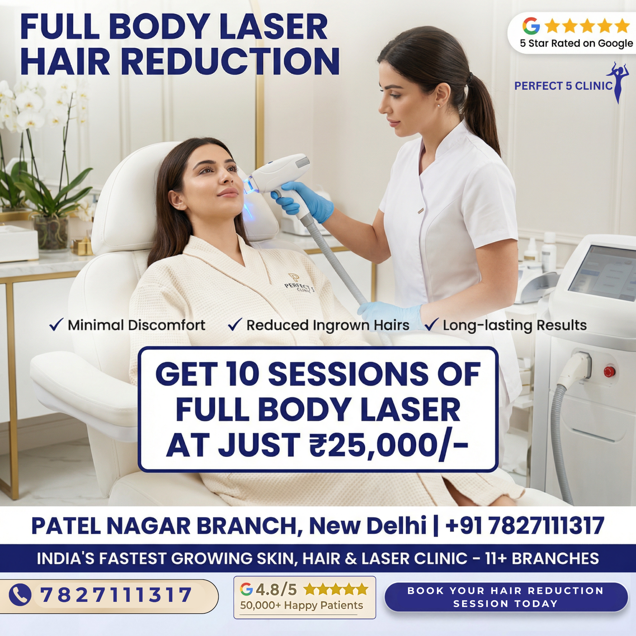 Perfect 5 Clinic - Patel Nagar Facebook ad: 10 Full Body of Laser Hair Reduction sesssions…