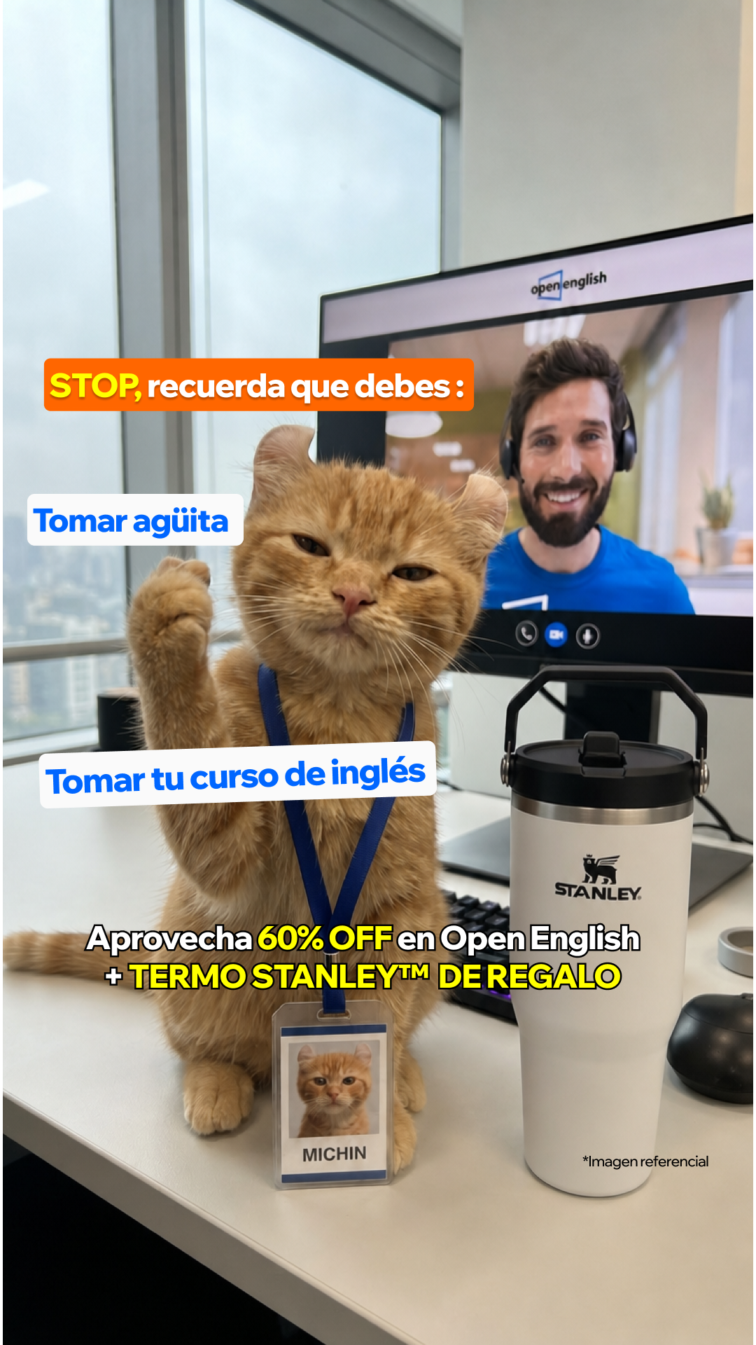 Open English Facebook ad: Tu inglés empieza hoy con 60% OFF + un regalo