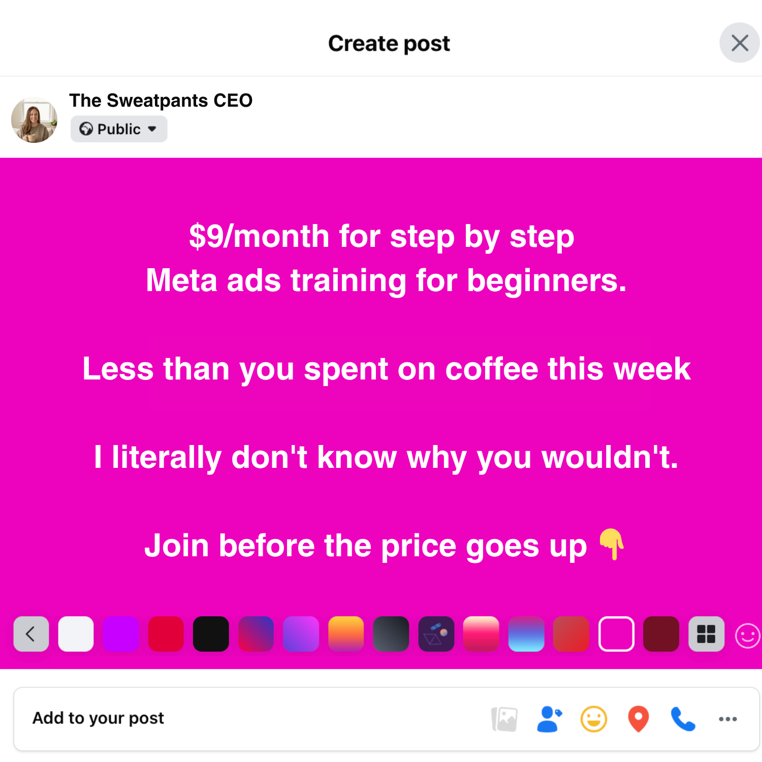 The Sweatpants CEO Facebook ad: Run Ads That Sell 24/7 - $9/Month