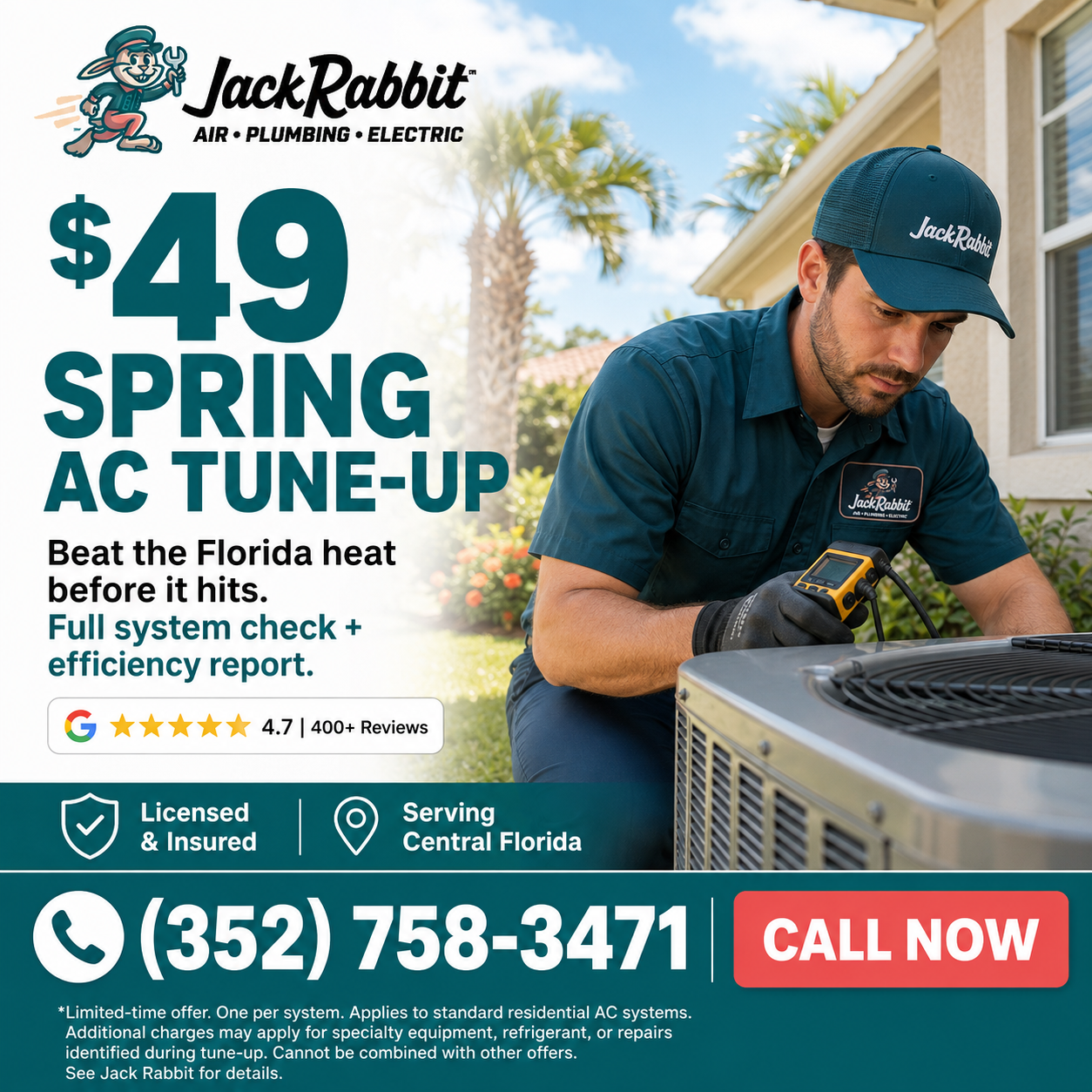 Jack Rabbit Home Services Facebook ad: $49 Spring AC Tune-Up