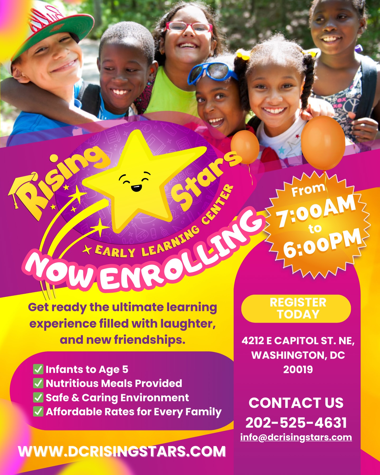 dcrisingstars_official Facebook ad: NOW ENROLLING at Rising Stars Early Learning Center!