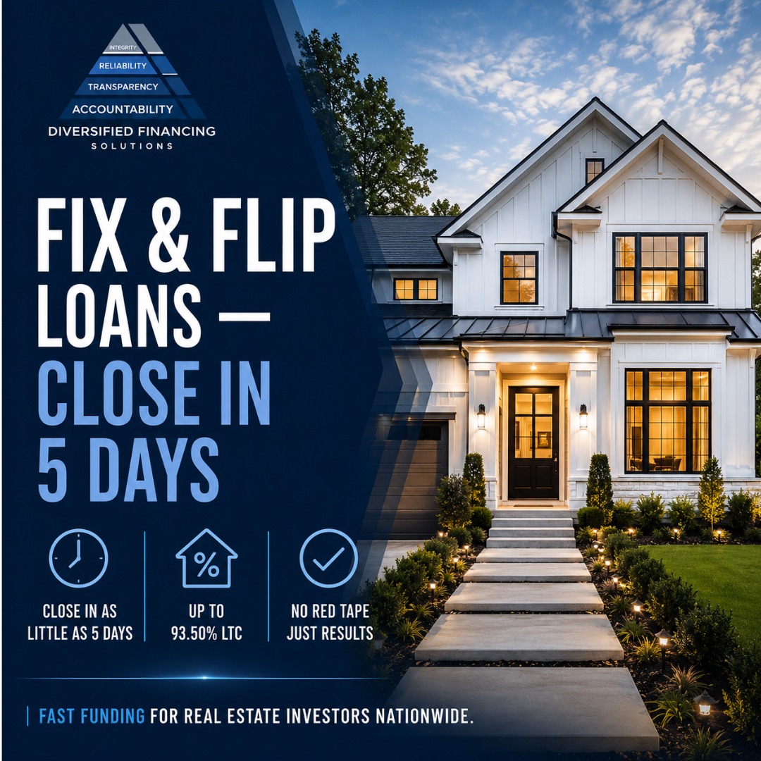 Diversified Financing Solutions Facebook ad: Fix & Flip Loans Close in 5 Days
