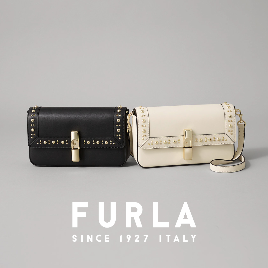 Furla Facebook ad: 小さなスタッズがきらめく、コンパクトな「フルラ イリデ」。