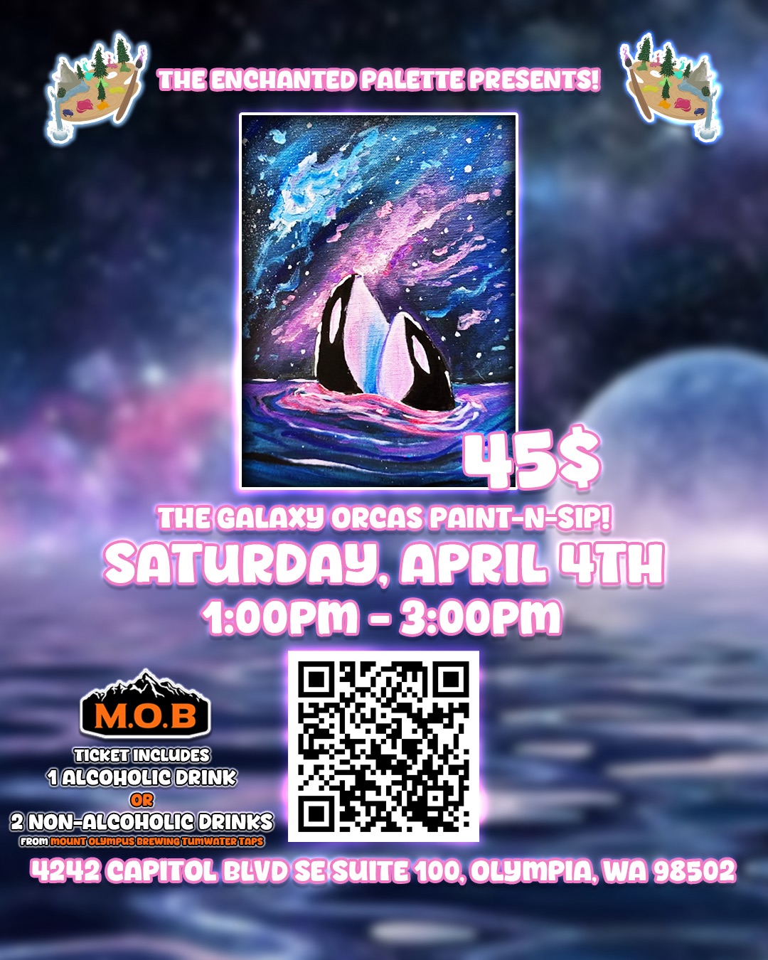 The Enchanted Palette Facebook ad: Galaxy Orcas Paint-n-Sip