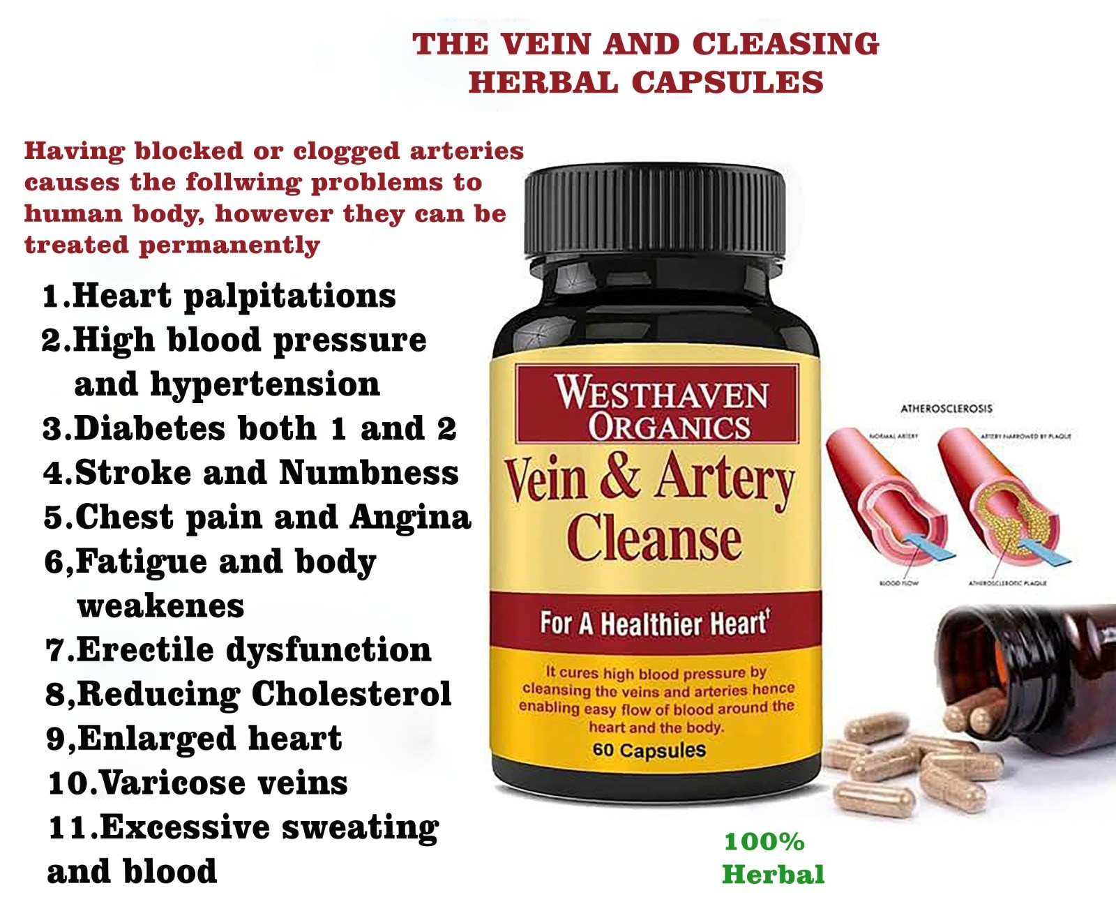 Westhaven Organics Facebook ad: THE VEINS AND ARTERY CLEANSING HERBAL CAPSULES