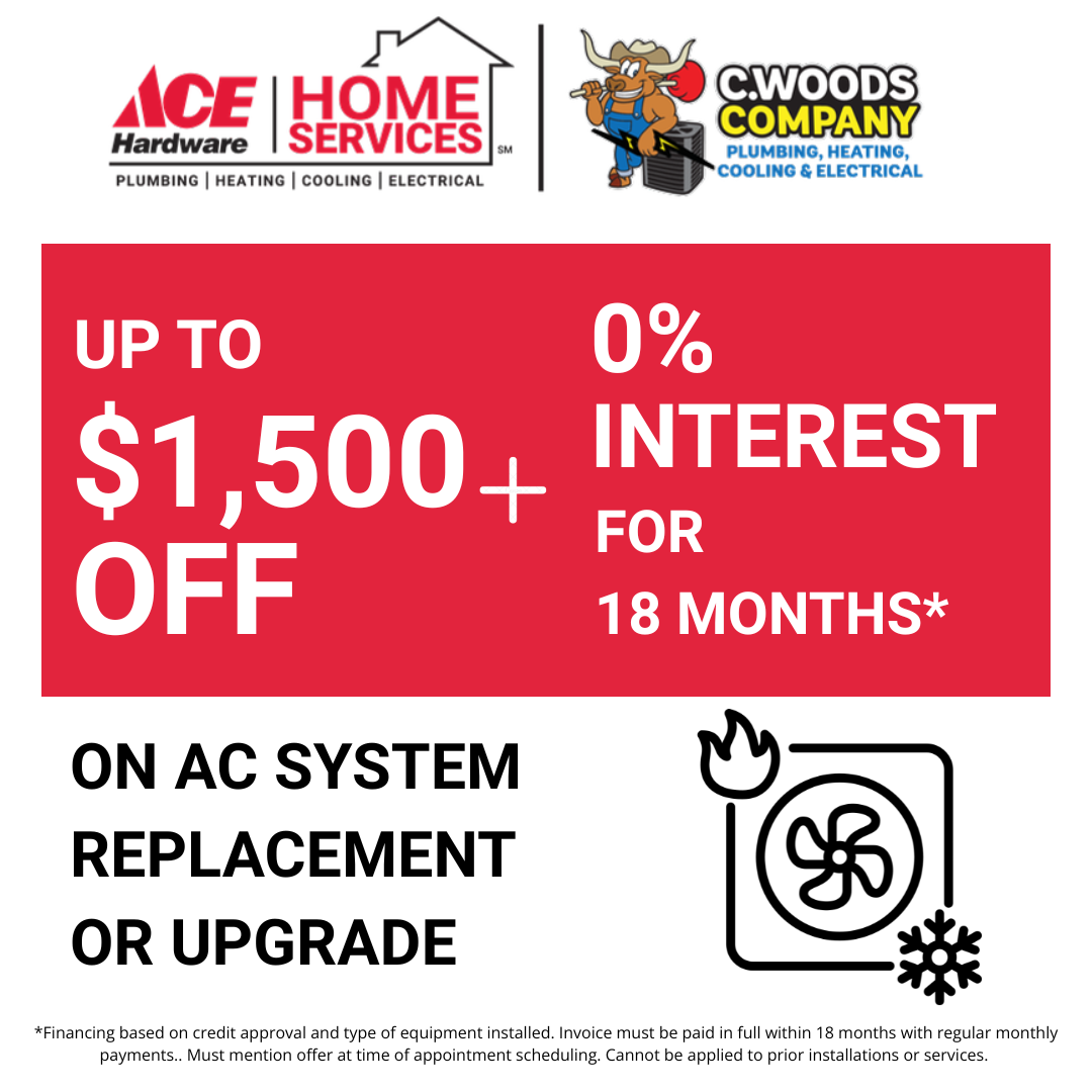 C. Woods Company Facebook ad: Up to $1500 Off AC Replacement + 0% Interest for 18 Months