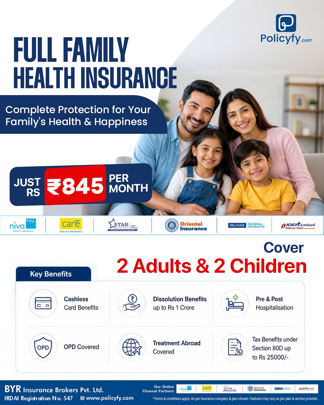 Policyfy Facebook ad: Full Family Health Insurance @ ₹845/month*