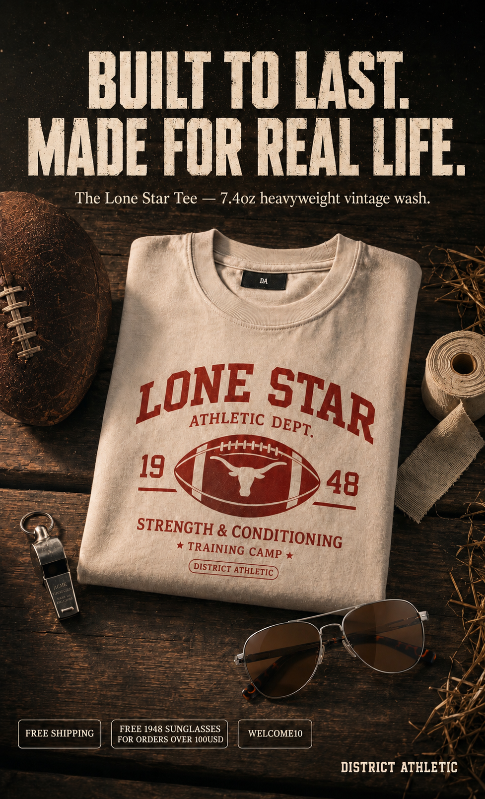 District Athletic Apparel Facebook ad: Built to last. Made for real life.