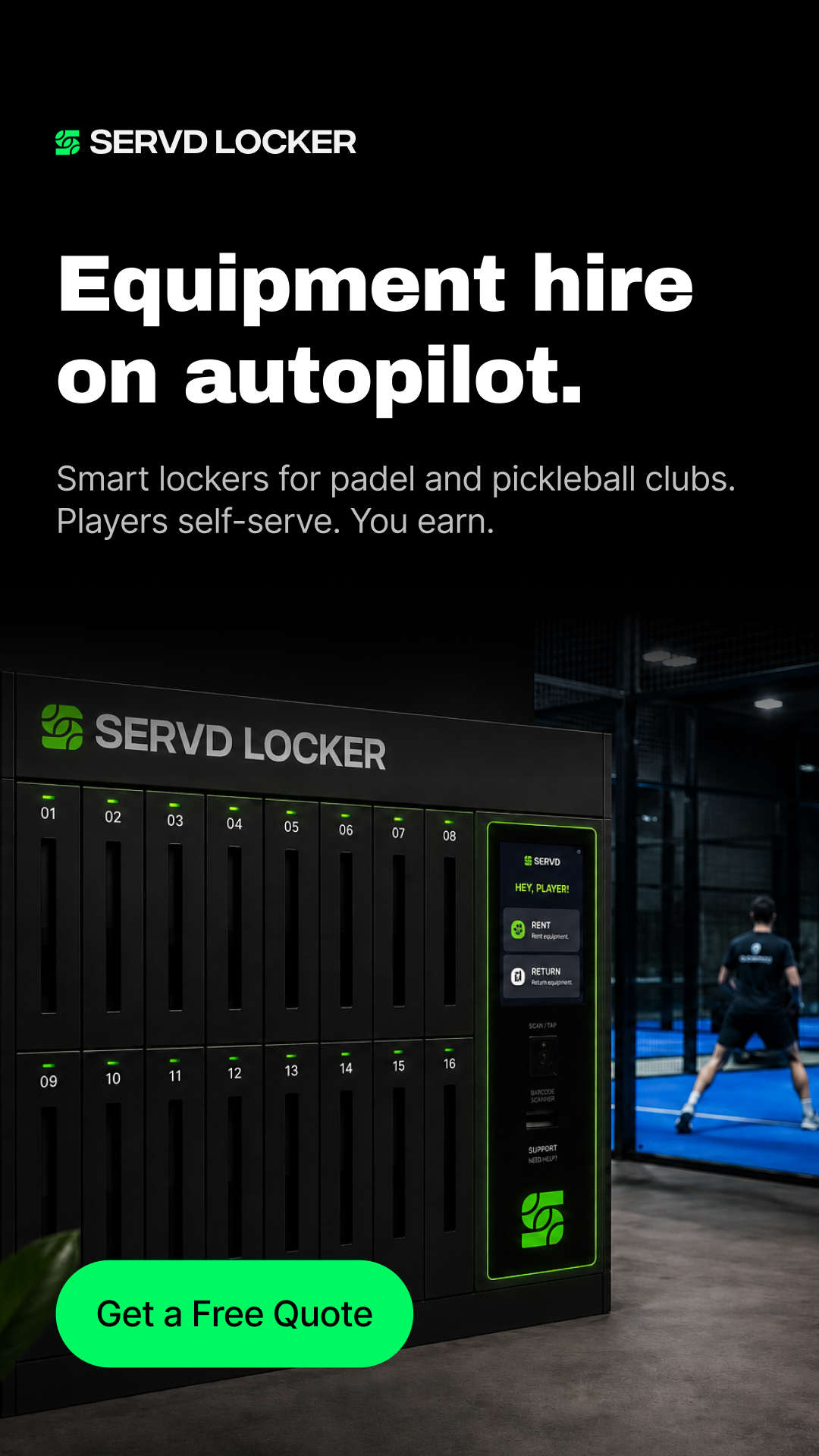Servd.Locker Facebook ad: Padel & Pickleball Equipment Hire