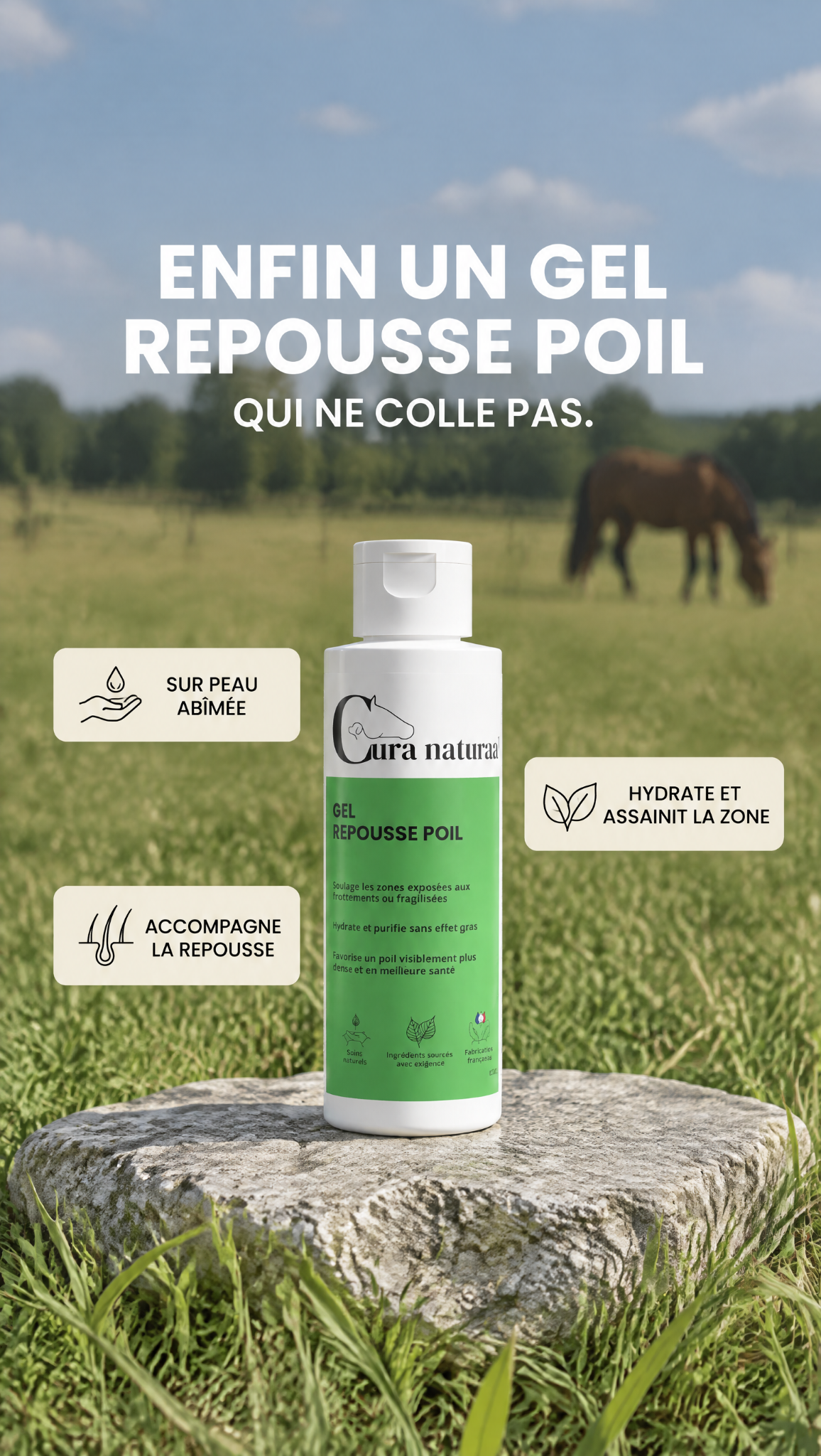 Cura naturale Facebook ad: Gel repousse poil pour cheval · Note 4,8/5