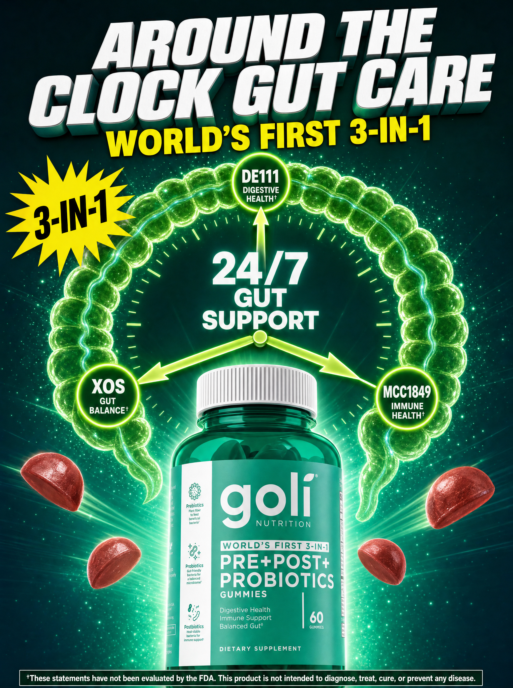 Goli Facebook ad: Three Biotics. One Gummy. World's First.