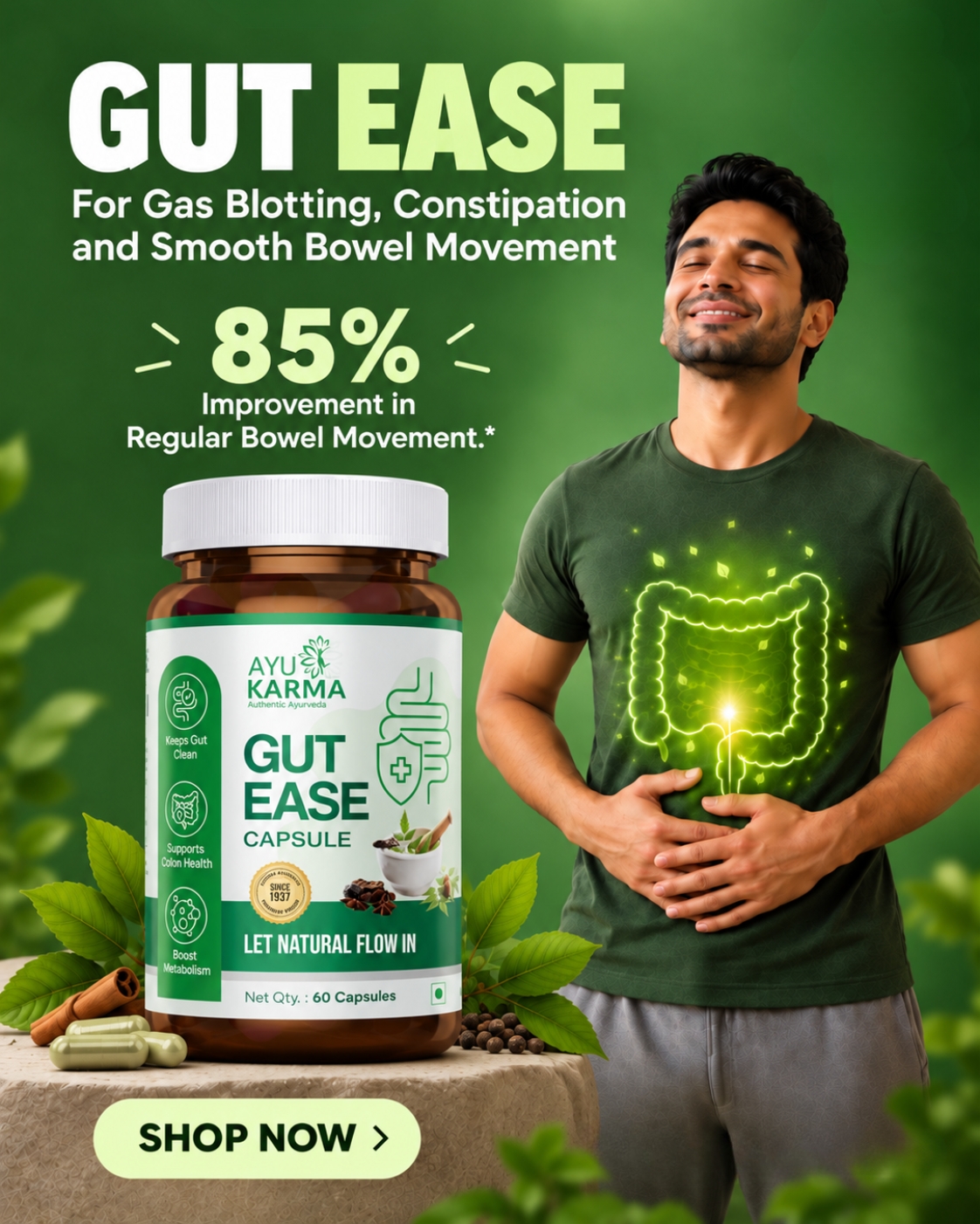 Ayukarma Store Facebook ad: Get Relief from Constipation, Gas & Bloating with AyuKarma…
