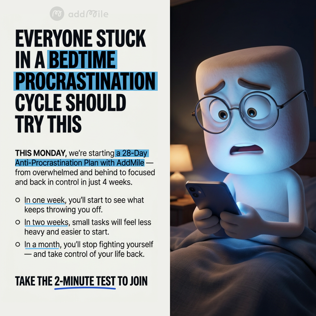 Laura from AddMile Facebook ad: Stop Letting Procrastination Control Your Day