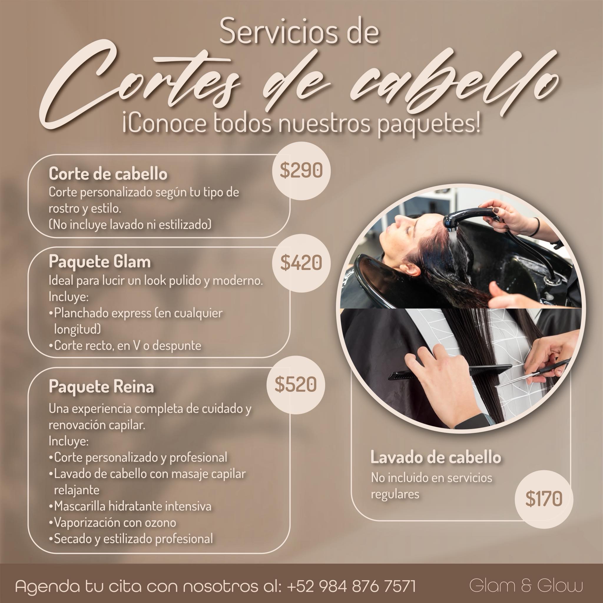 Glam & glow Facebook ad: ¡Porque un buen corte no solo cambia tu…
