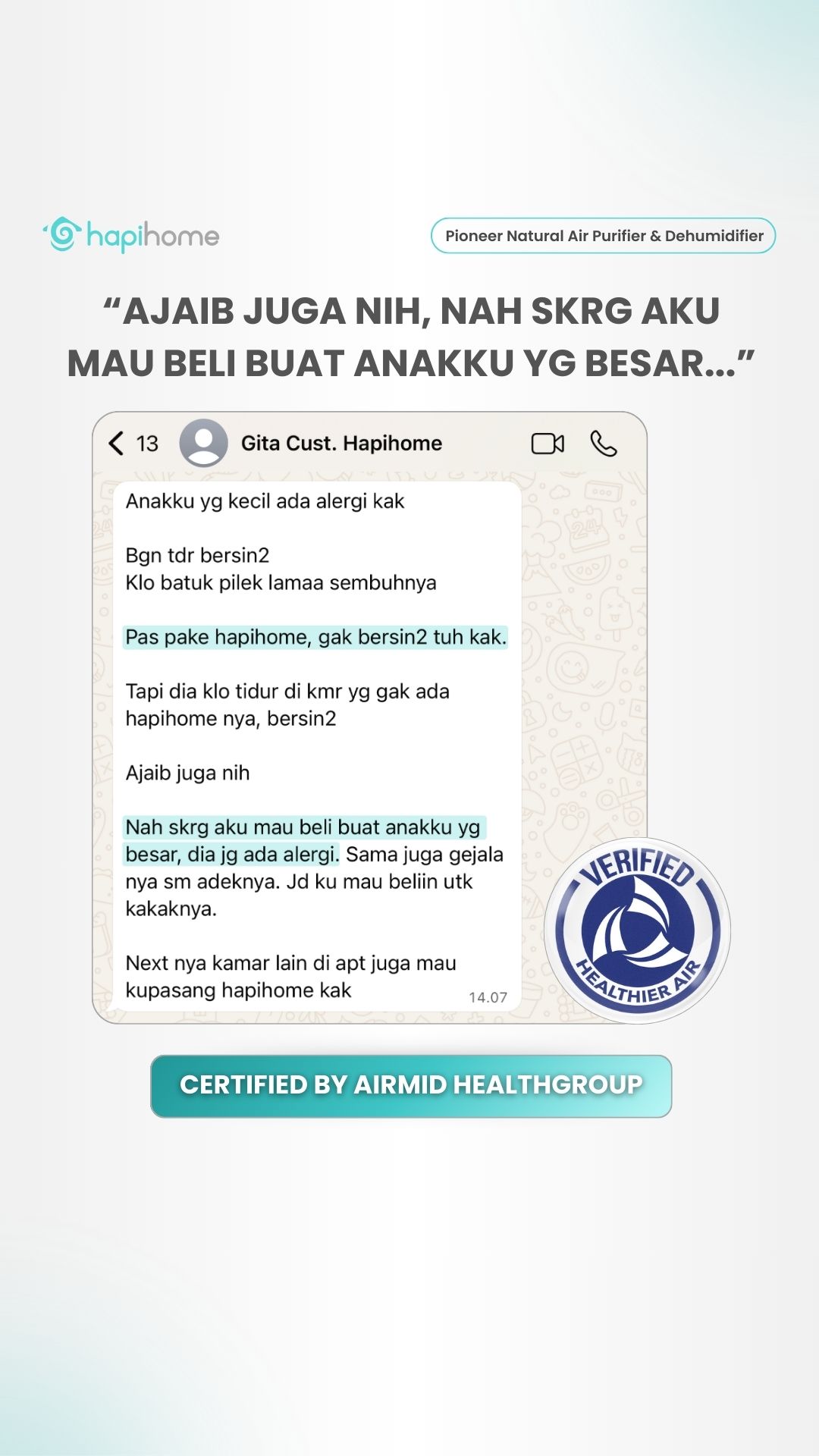 Hapihome.indonesia Facebook ad: Tersertifikasi International VERIFIED HEALTHIER AIR