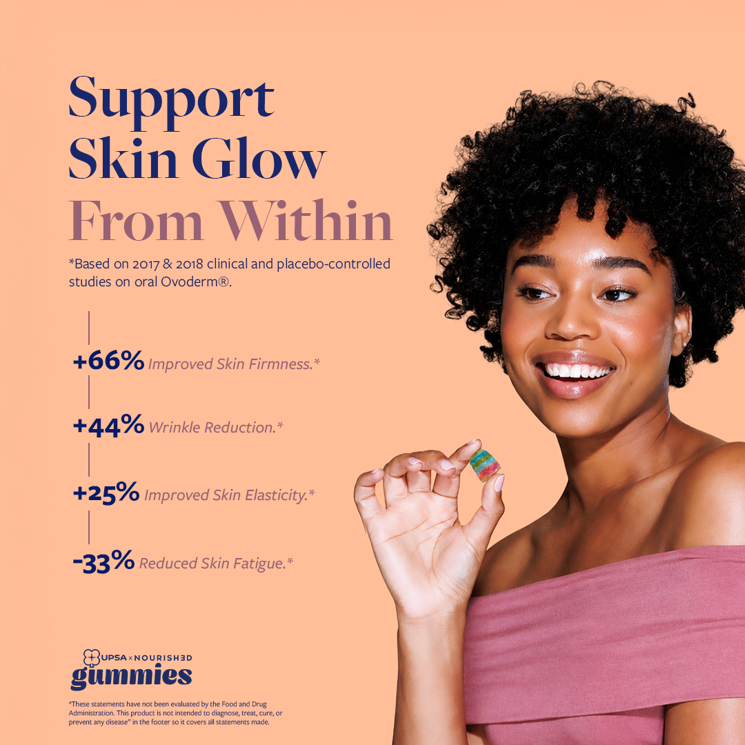 UPSA x Nourished Gummies Facebook ad: Brighter Skin in 60 Days.