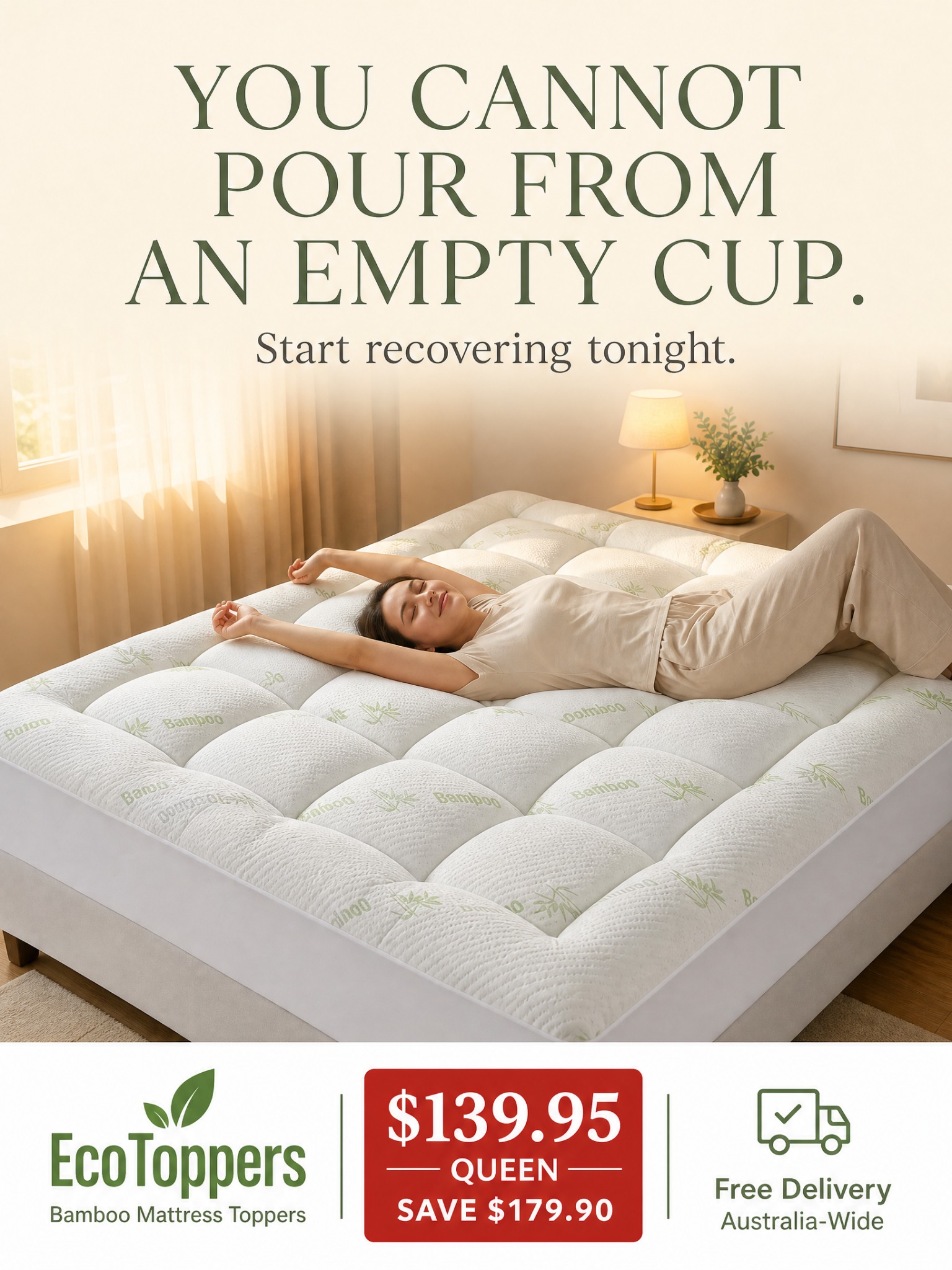 Ecotoppers Facebook ad: Burnout Recovery Starts With One Good Night