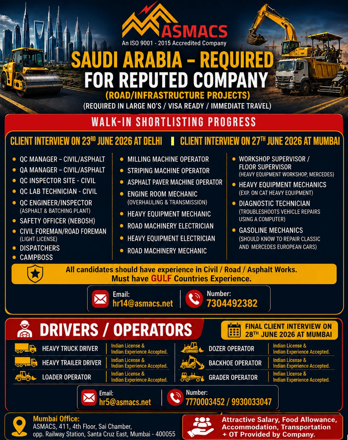 Asmacs Staffing, IND Facebook ad: Urgent Requirement for Saudi Arabia, Road & Infrastructure…