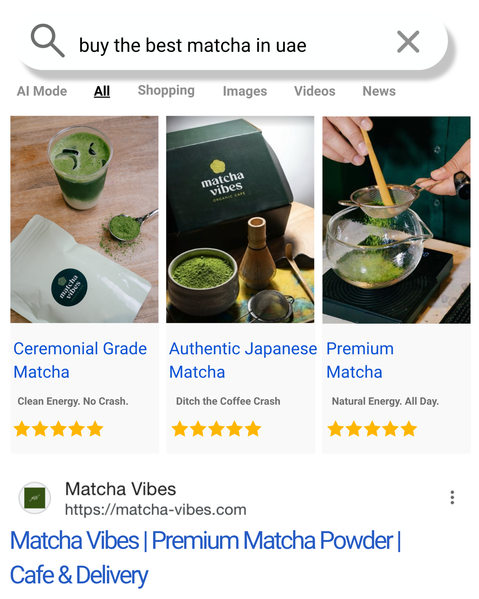 Matcha Vibes Facebook ad: Ceremonial Grade Matcha. Taste the Difference