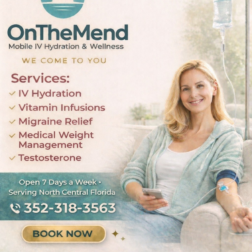 On The Mend Mobile IV Therapy & Wellness Facebook ad: Hungover? Migraine? Stomach bug? Dehydrated? Sick?