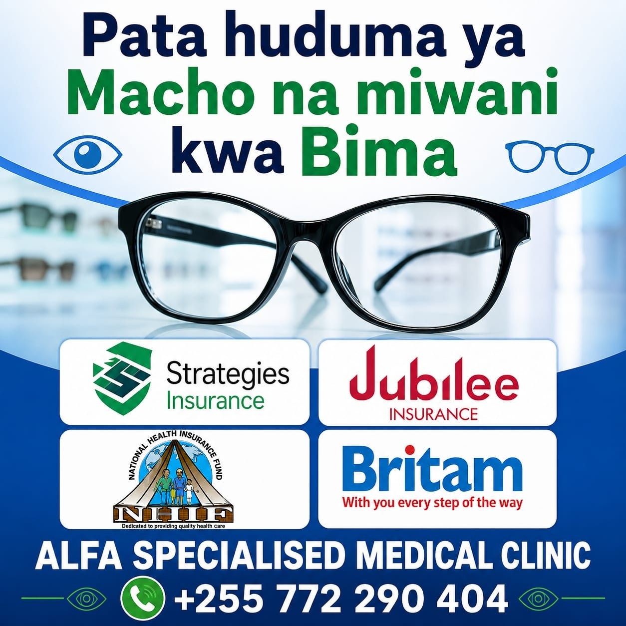 Alfa Specialised Eye Clinic Facebook ad: Pata huduma ya vipimo vya macho na miwani…