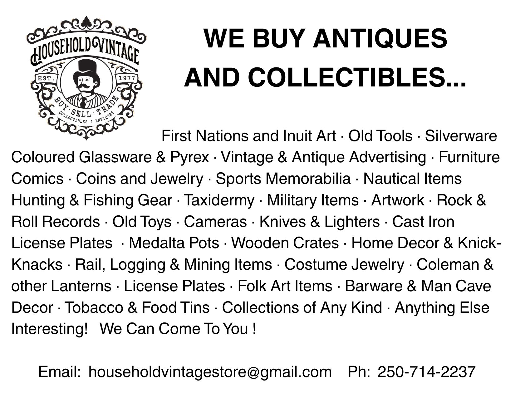 Household Vintage Facebook ad: Household Vintage, Collectibles and Antiques / Nanoose Bay
